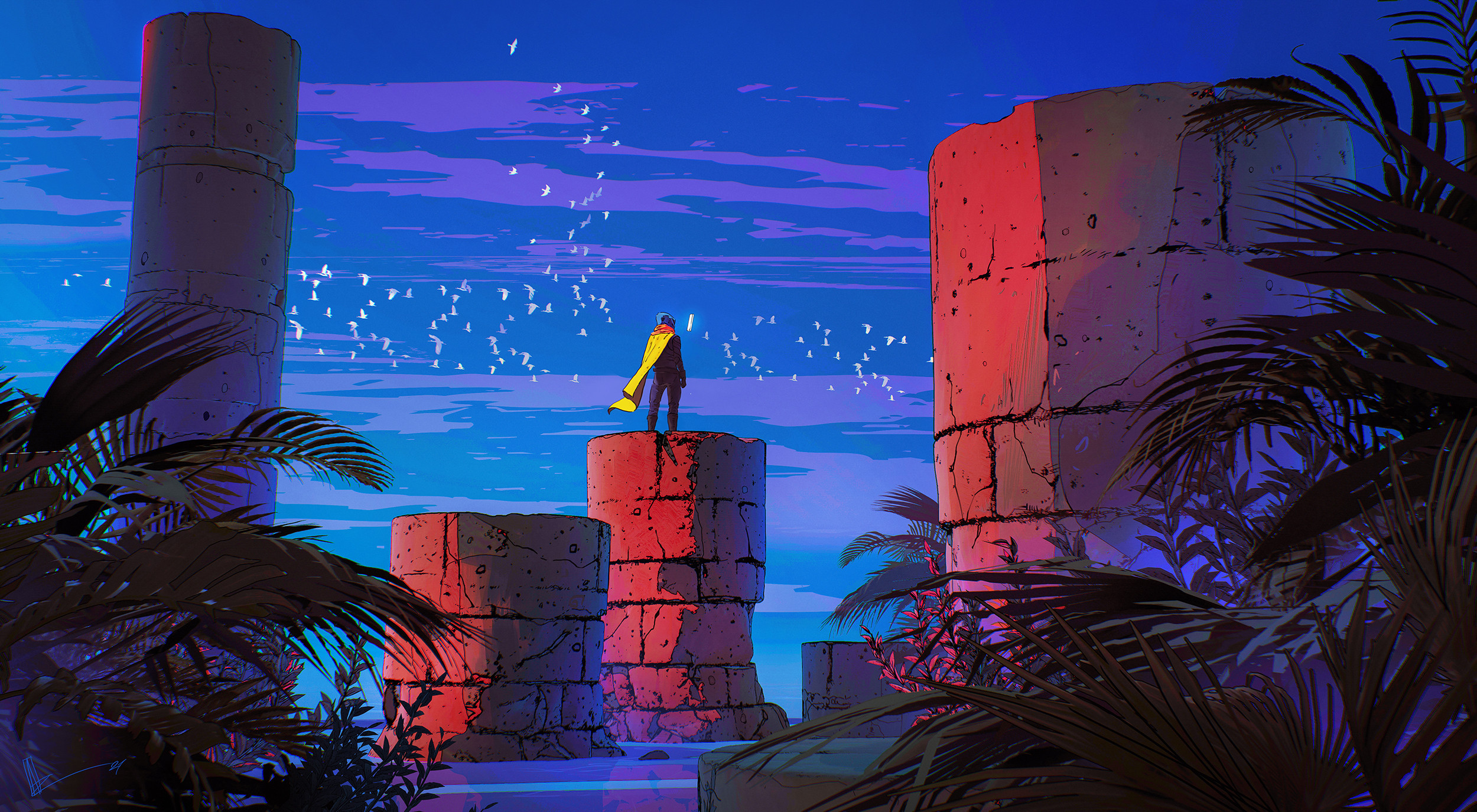 Man standing on ancient ruins with birds flying HD Wallpaper