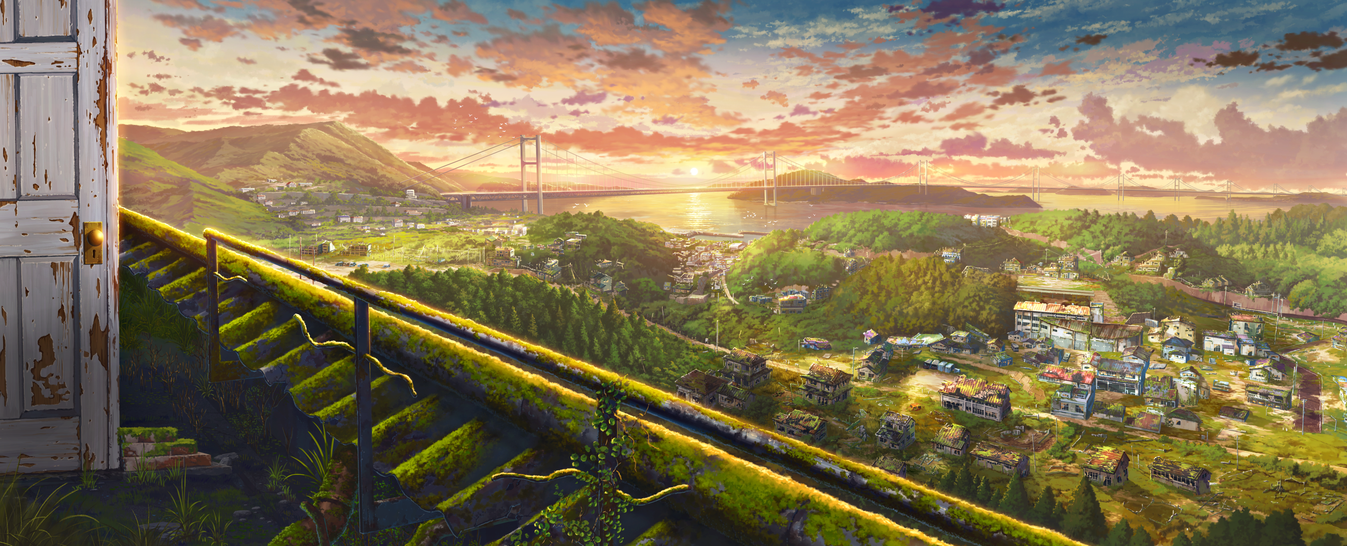 Sunset over a coastal town with a bridge HD Wallpaper