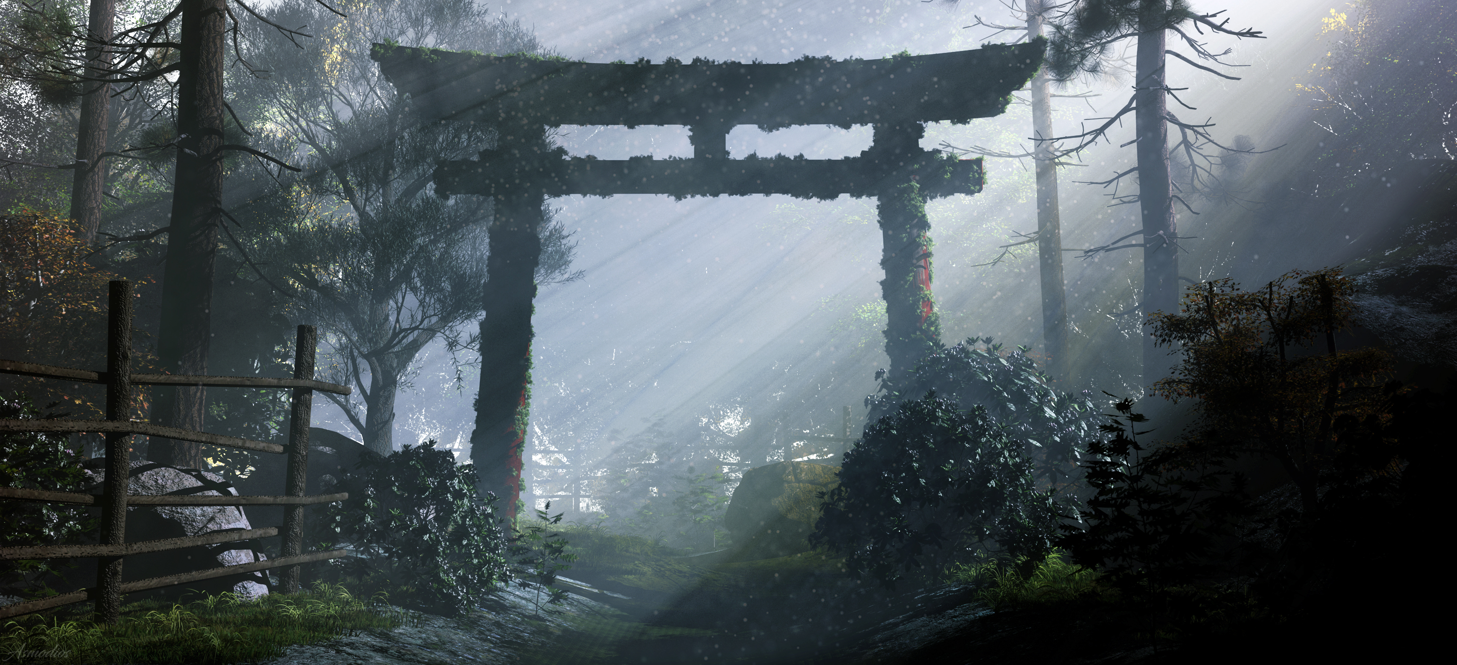 Ancient Torii Gate Covered in Moss in a Misty Forest HD Wallpaper