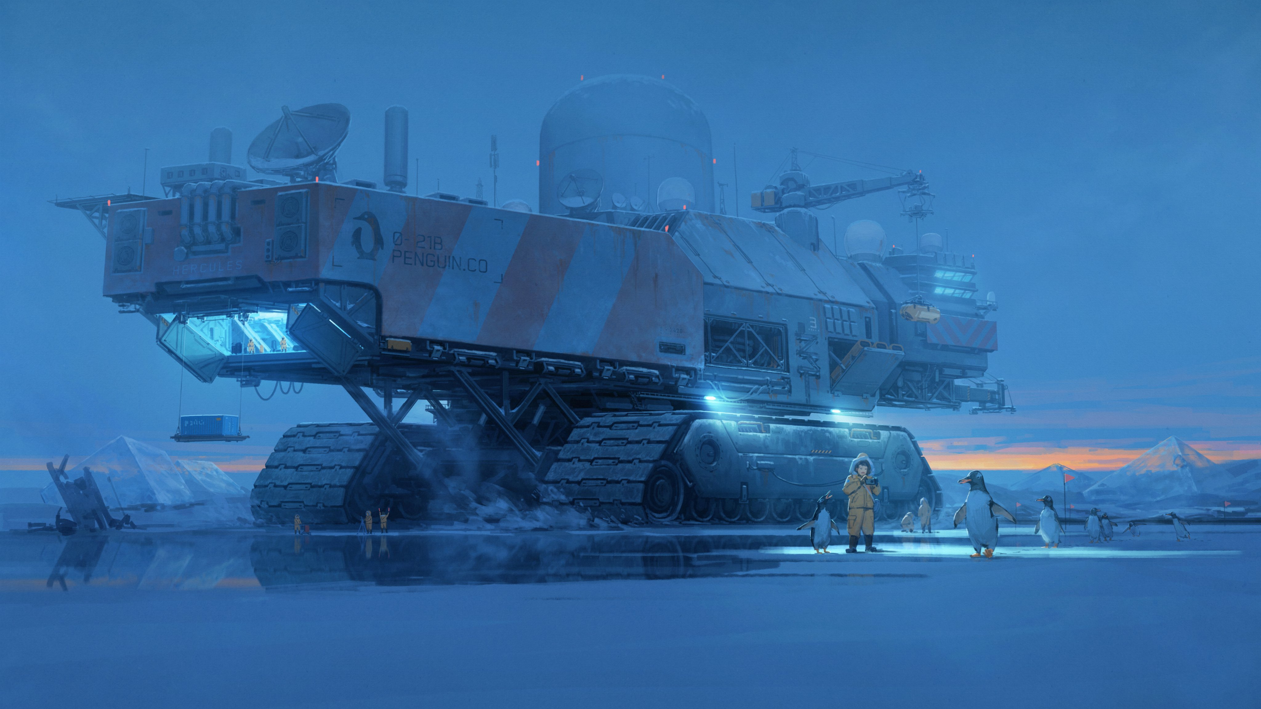 Illustration of a futuristic vehicle in a snowy landscape with penguins HD Wallpaper