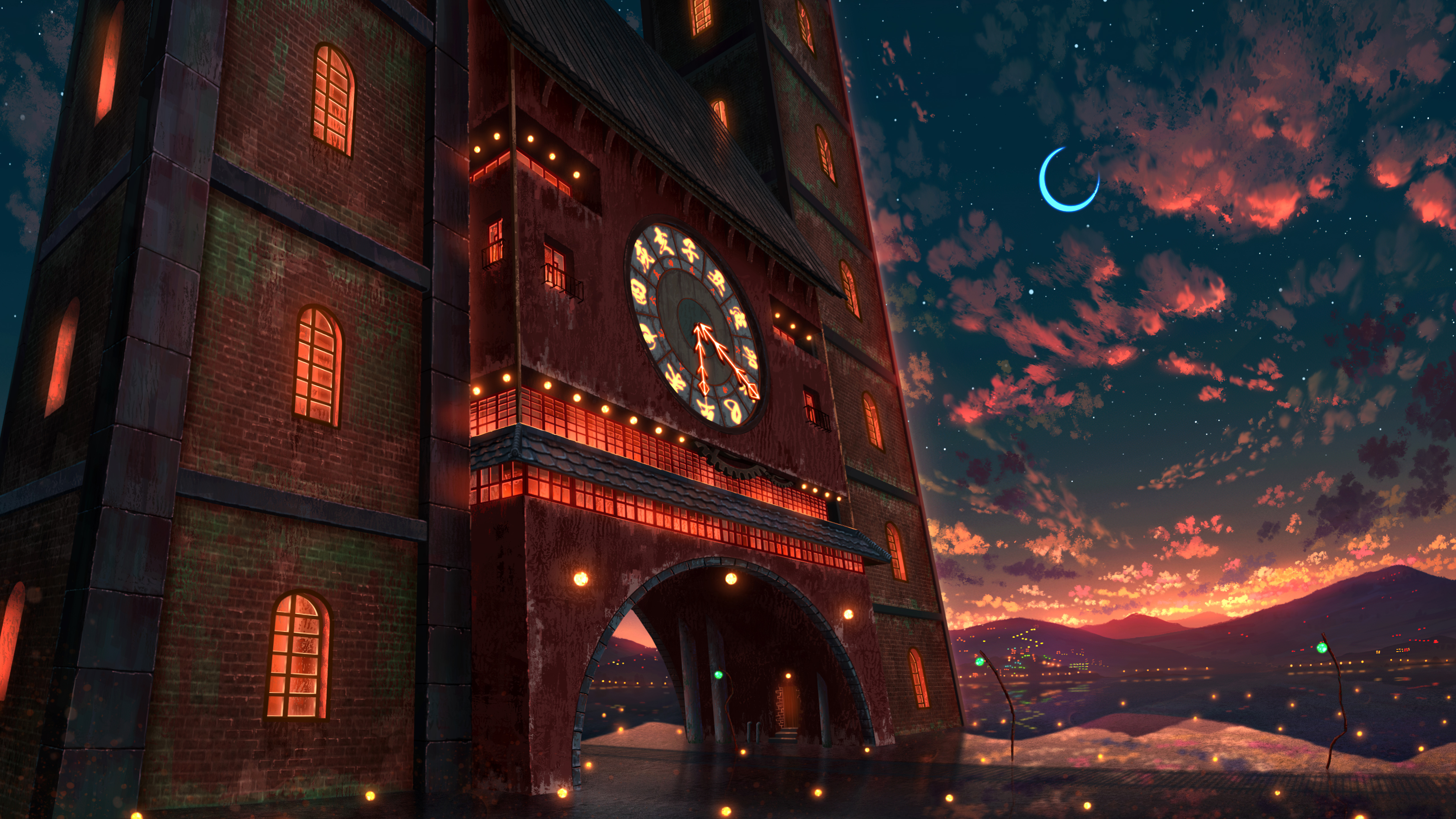 Scenery: Clock tower at sunset with crescent moon HD Wallpaper