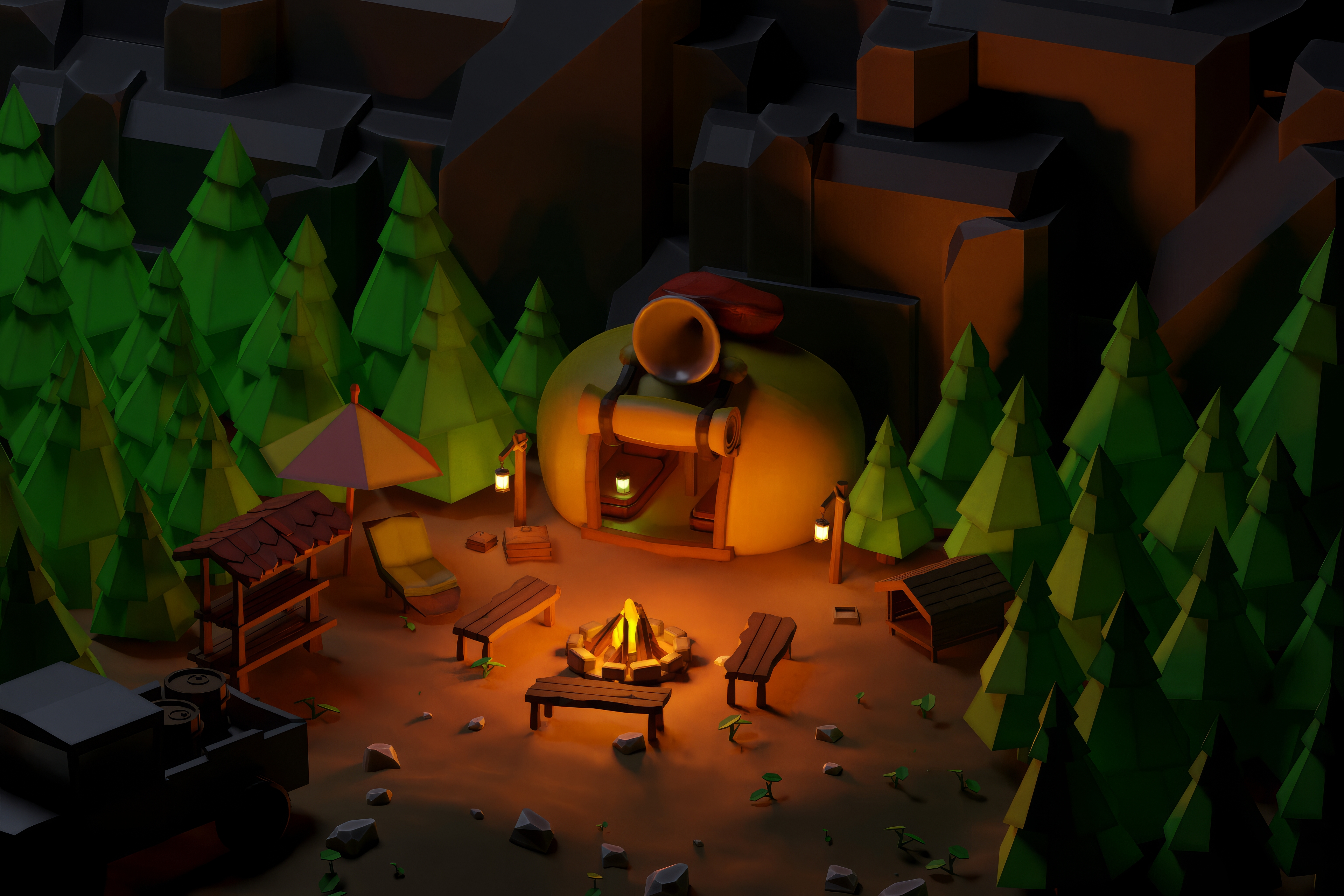 Low poly forest campsite with campfire and tent HD Wallpaper