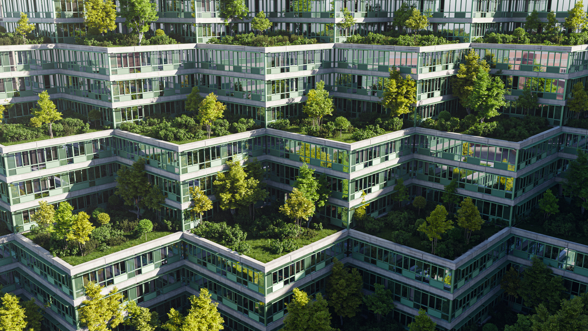 Terraced building with green roofs and trees HD Wallpaper