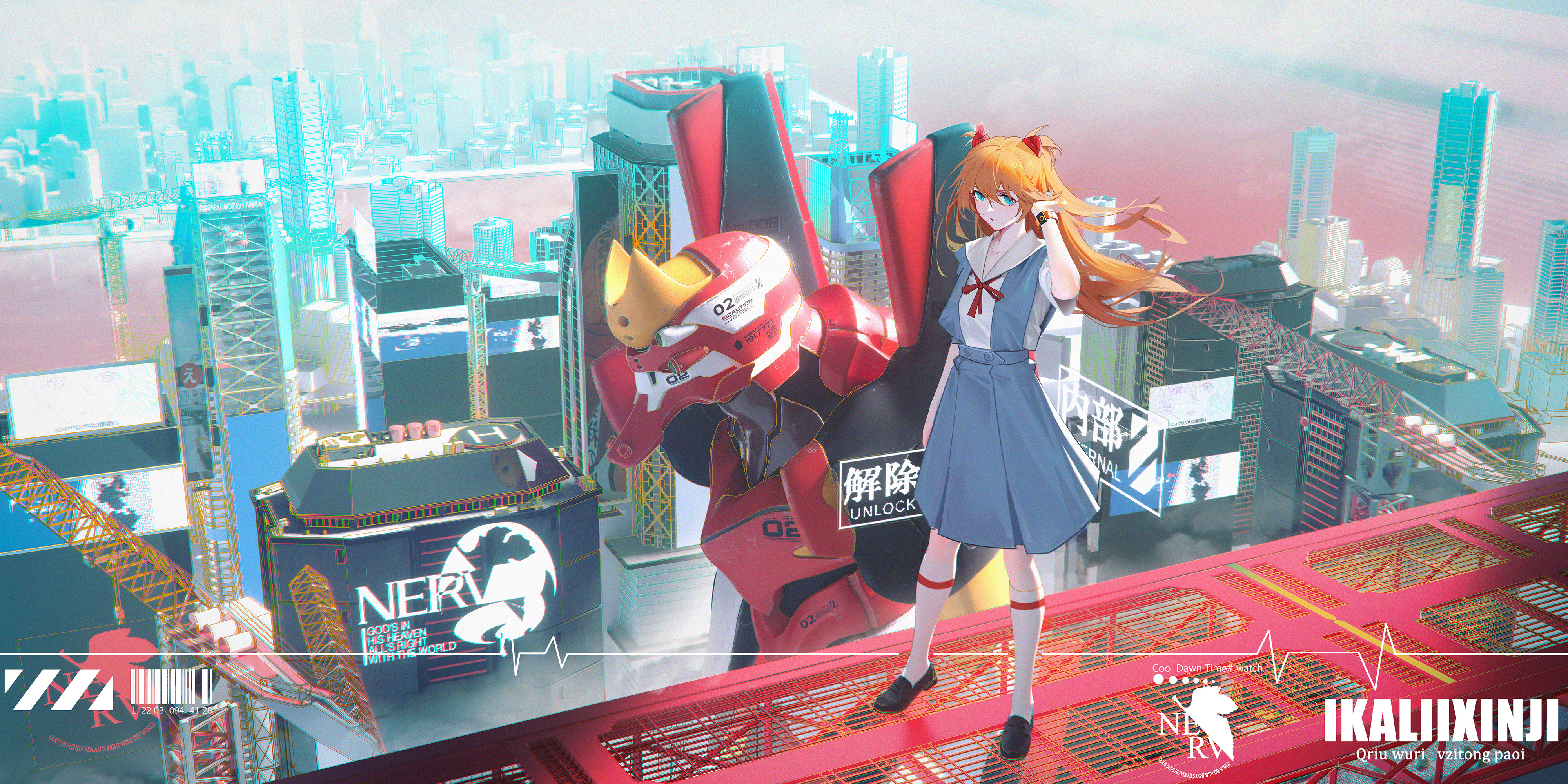 Asuka Langley Soryu and EVA Unit 02 in a City HD Wallpaper