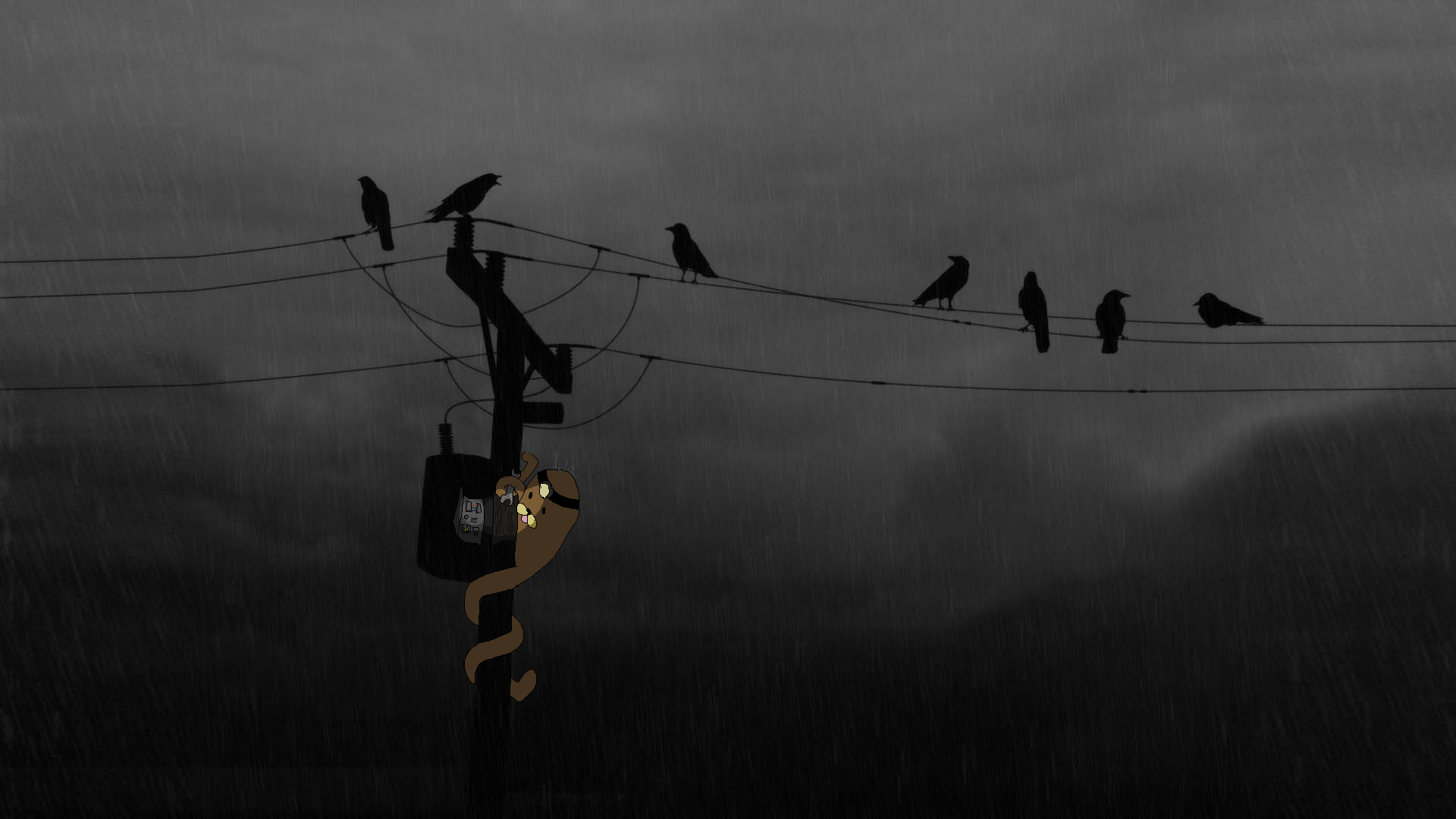 Gondola on a power pole with crows HD Wallpaper