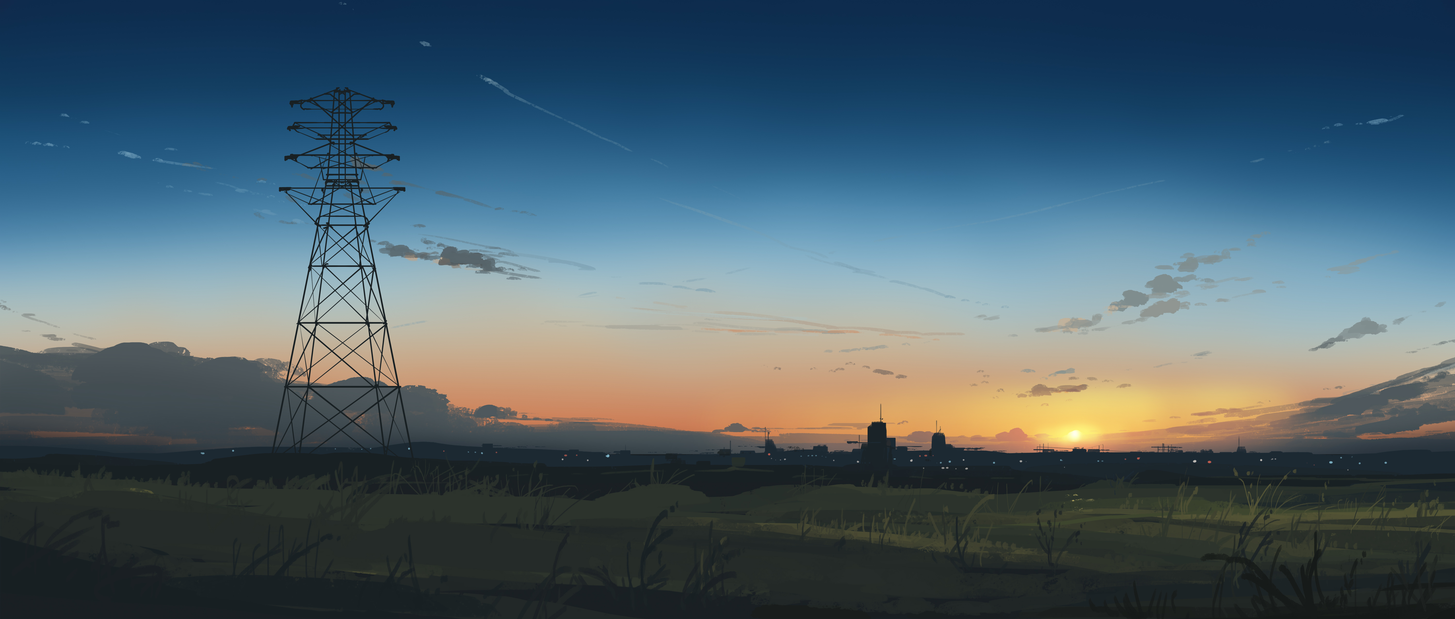 Sunset over a city with a power line tower HD Wallpaper