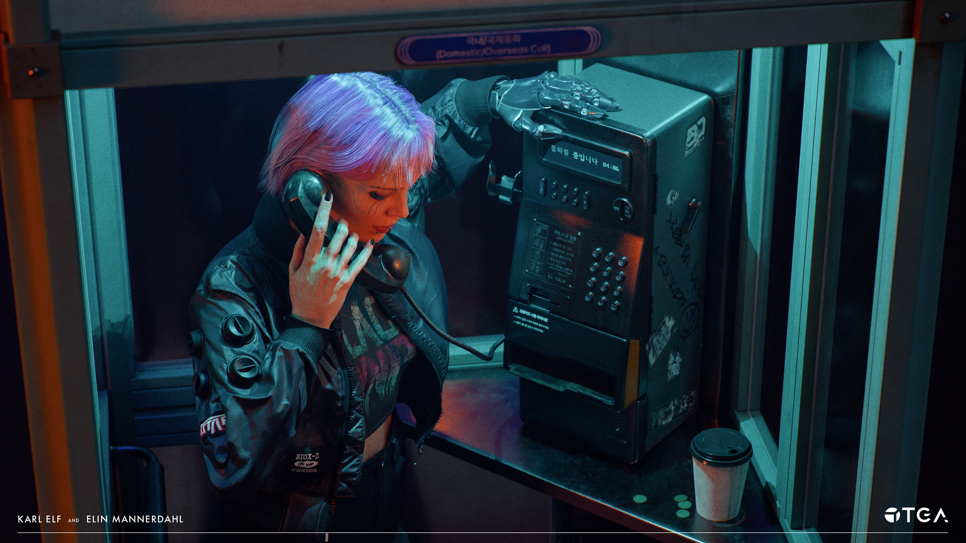 Woman with purple hair in a phone booth talking on a retro phone HD Wallpaper