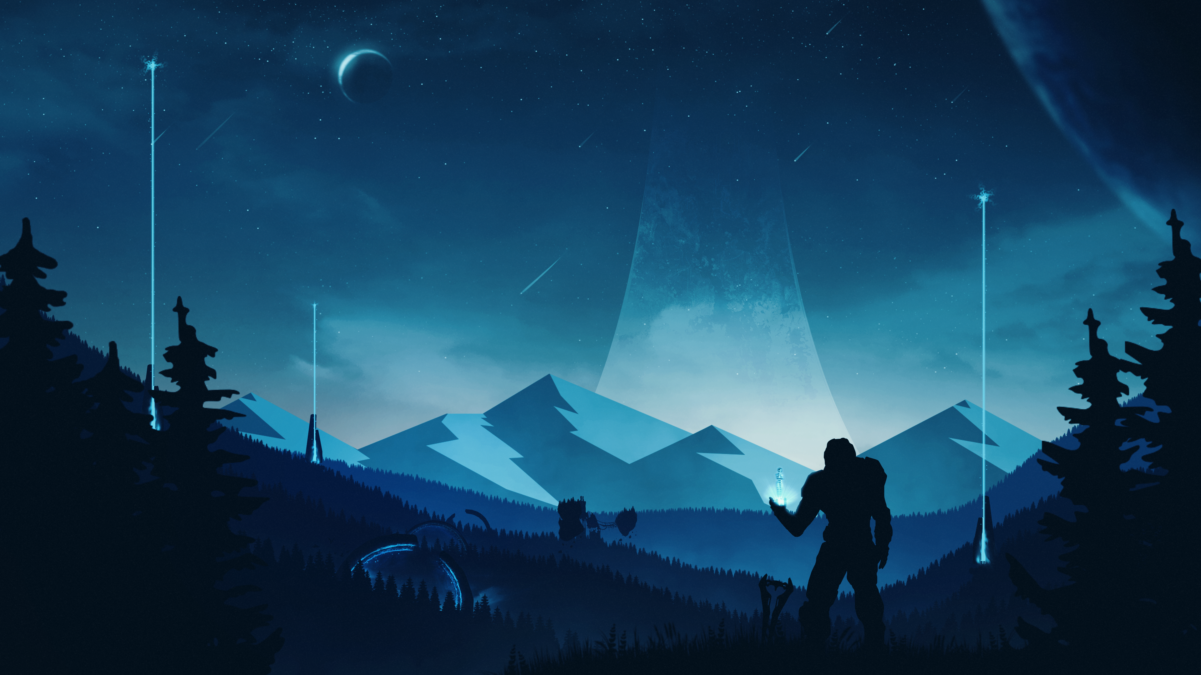 Master Chief in a Halo landscape with a ring structure HD Wallpaper