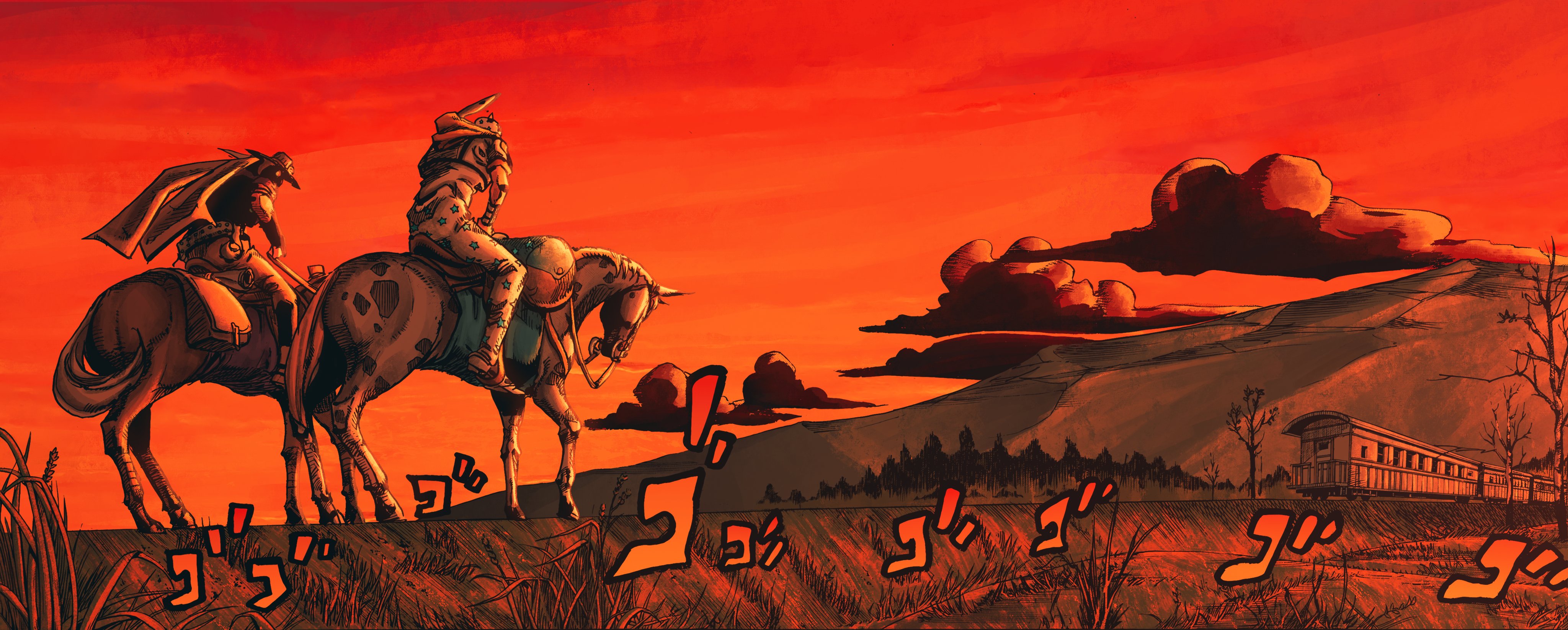 Gyro and Johnny Joestar on horseback at sunset HD Wallpaper