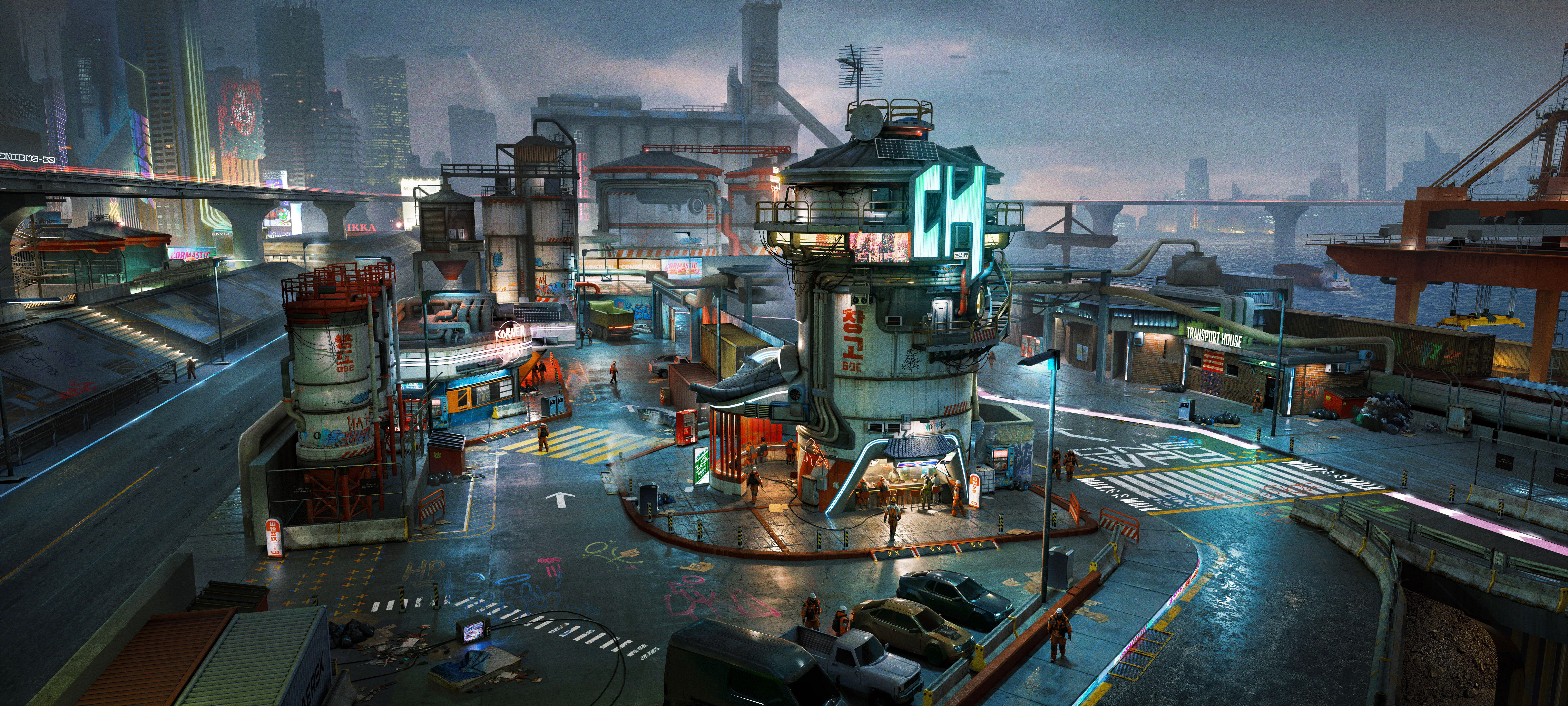 Cars in a dystopian city at dusk HD Wallpaper