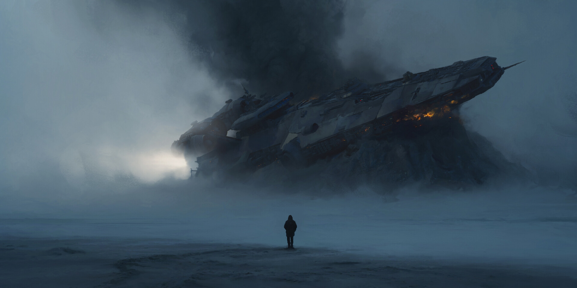 Spaceship crash in a smoky, desolate landscape HD Wallpaper