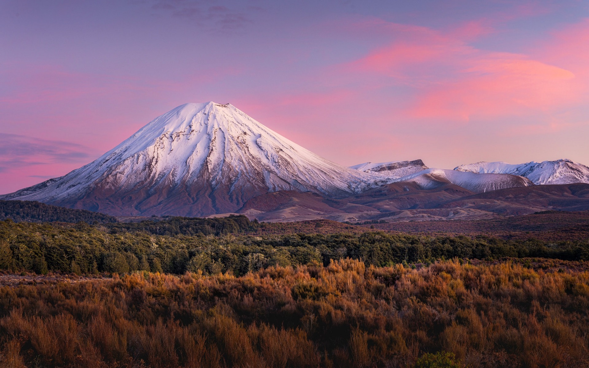 Snowy mountain at sunset with colorful sky HD Wallpaper