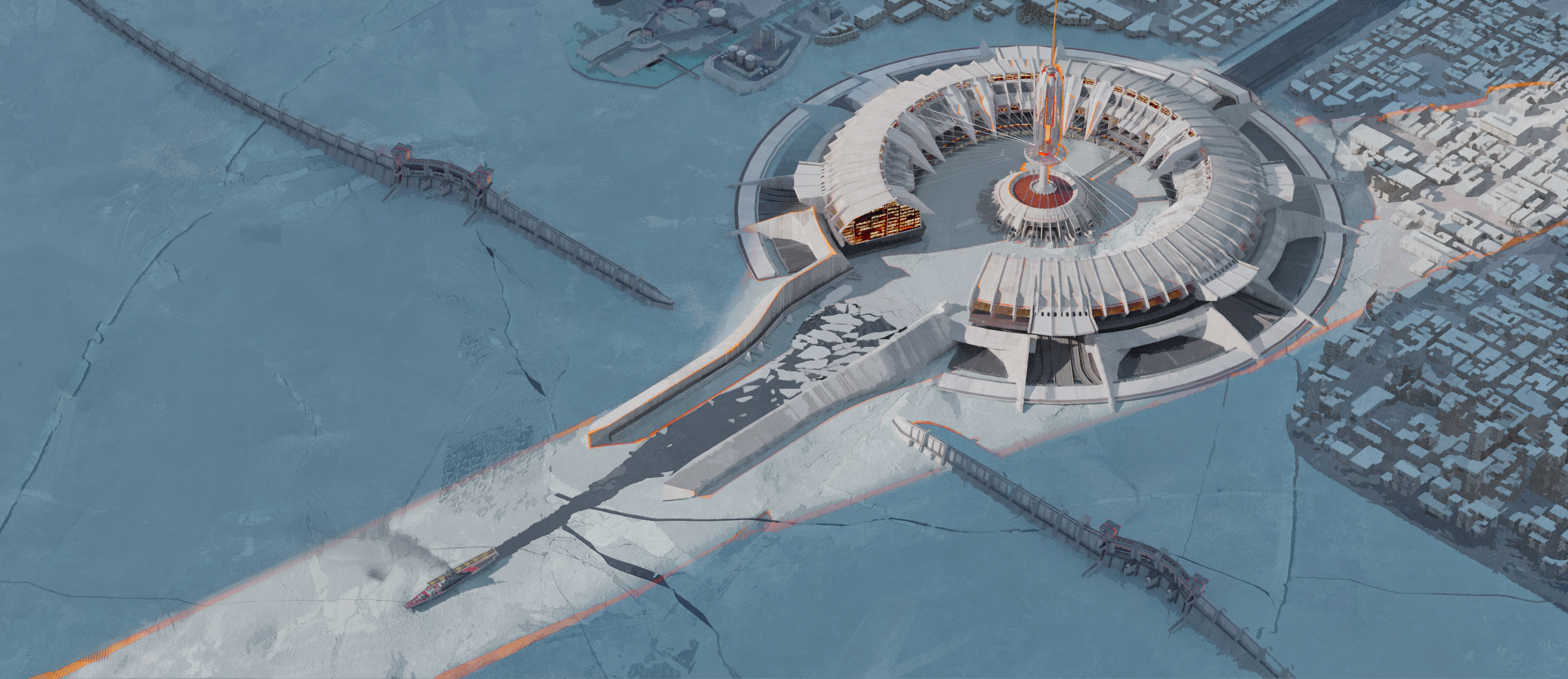 Ship at a futuristic ice station HD Wallpaper