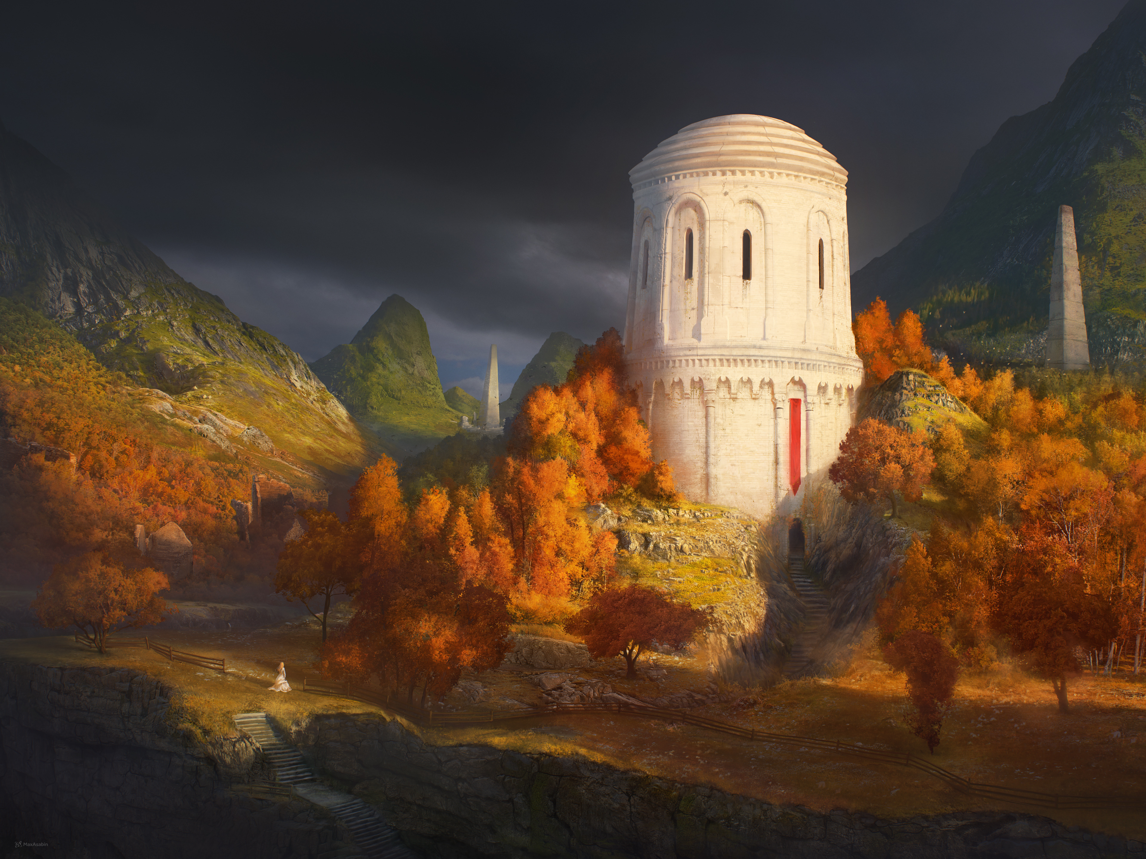 Autumn landscape with a white tower and mountains HD Wallpaper
