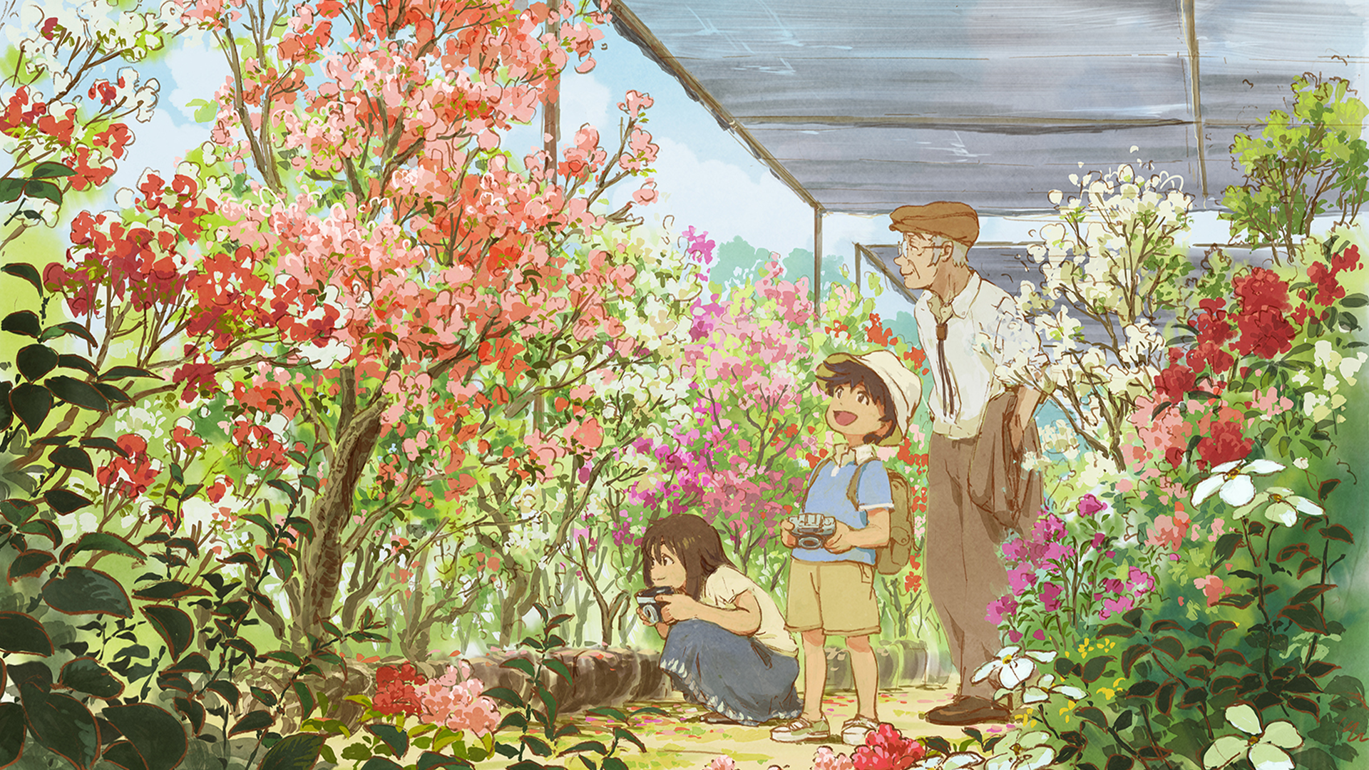 Anime children and old man in a greenhouse with flowers HD Wallpaper