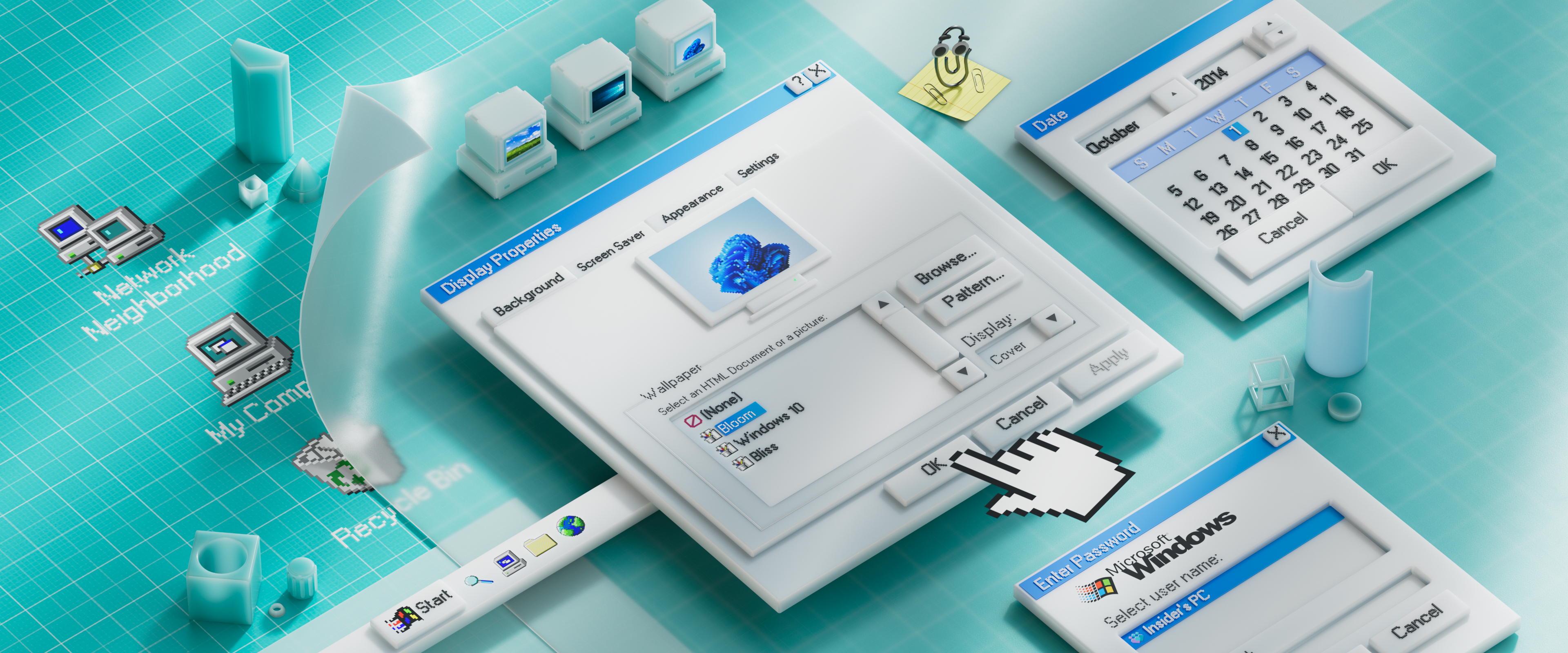 Microsoft Windows 95 desktop with display properties HD Wallpaper