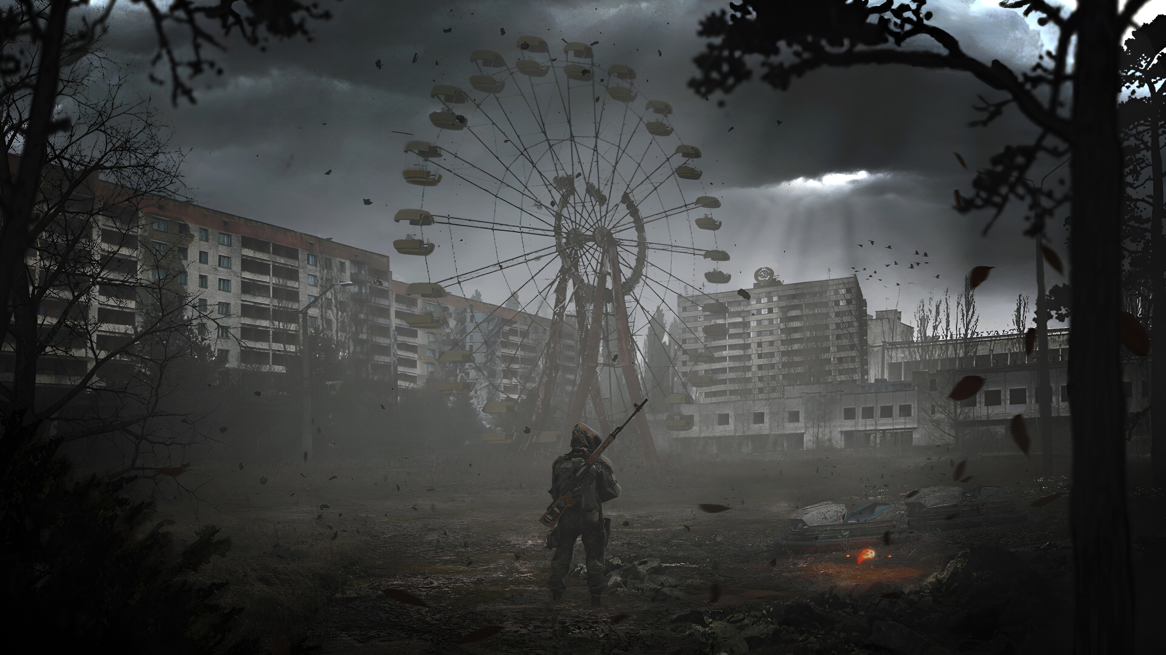 S.T.A.L.K.E.R. 2: Chernobyl abandoned Ferris wheel with soldier HD Wallpaper
