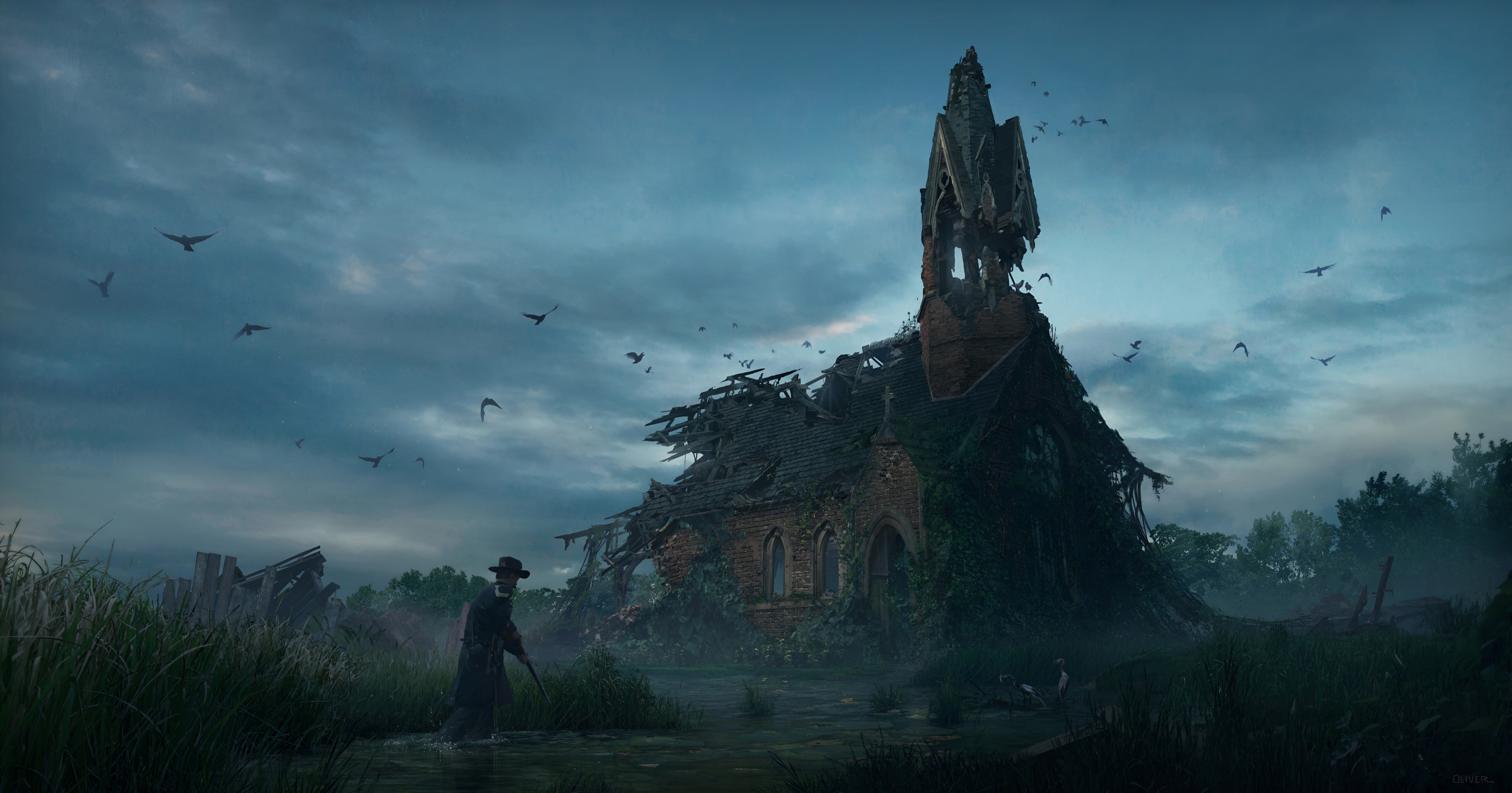 Ruined church with a lone figure in a dark, cloudy evening HD Wallpaper