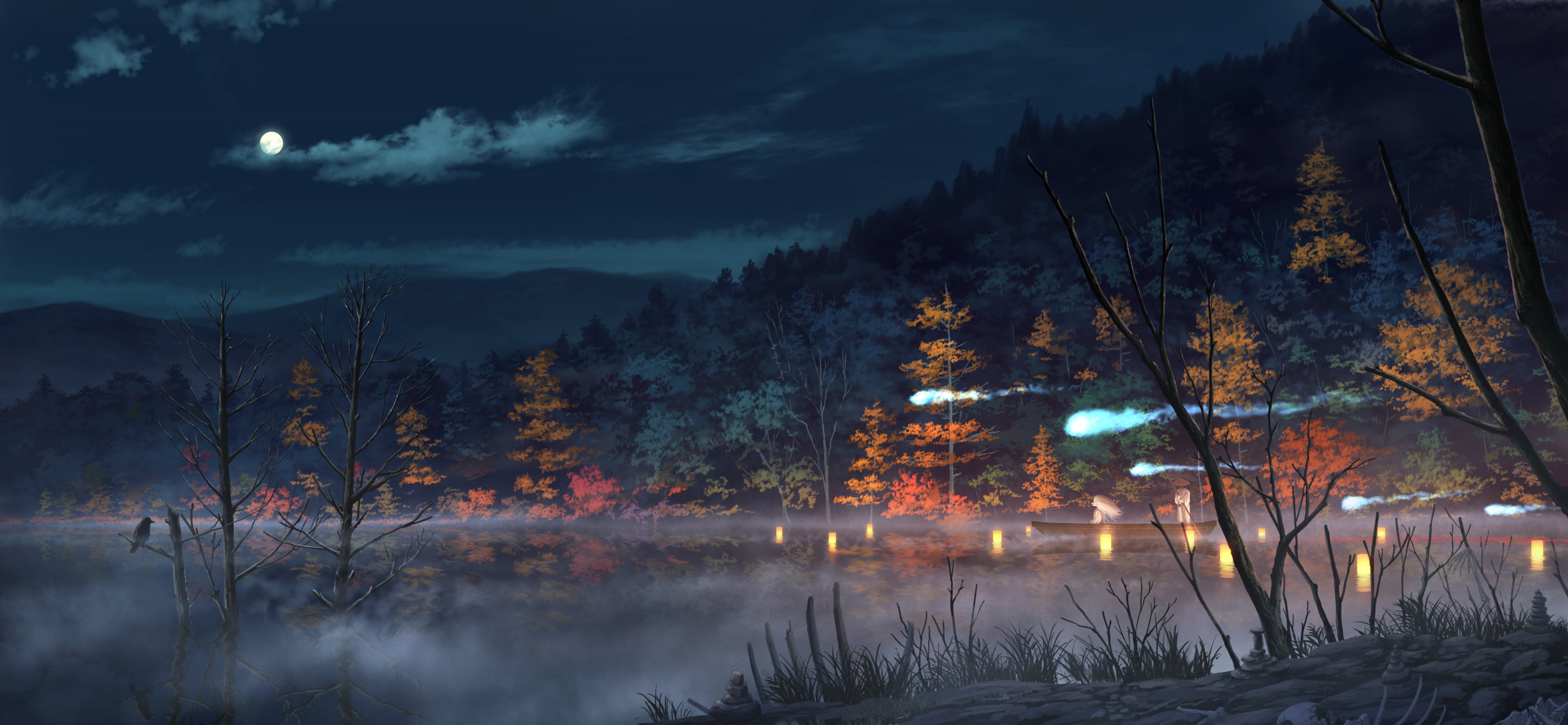 Boat on a misty lake at night with illuminated trees HD Wallpaper