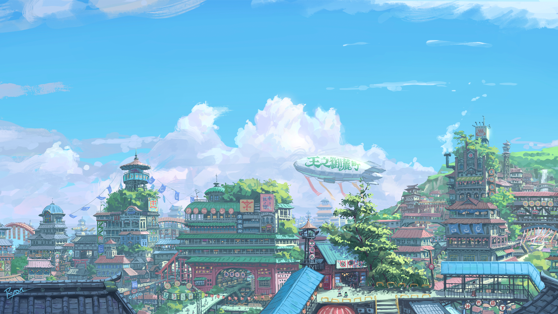 Zeppelin over a city with Asian architecture HD Wallpaper