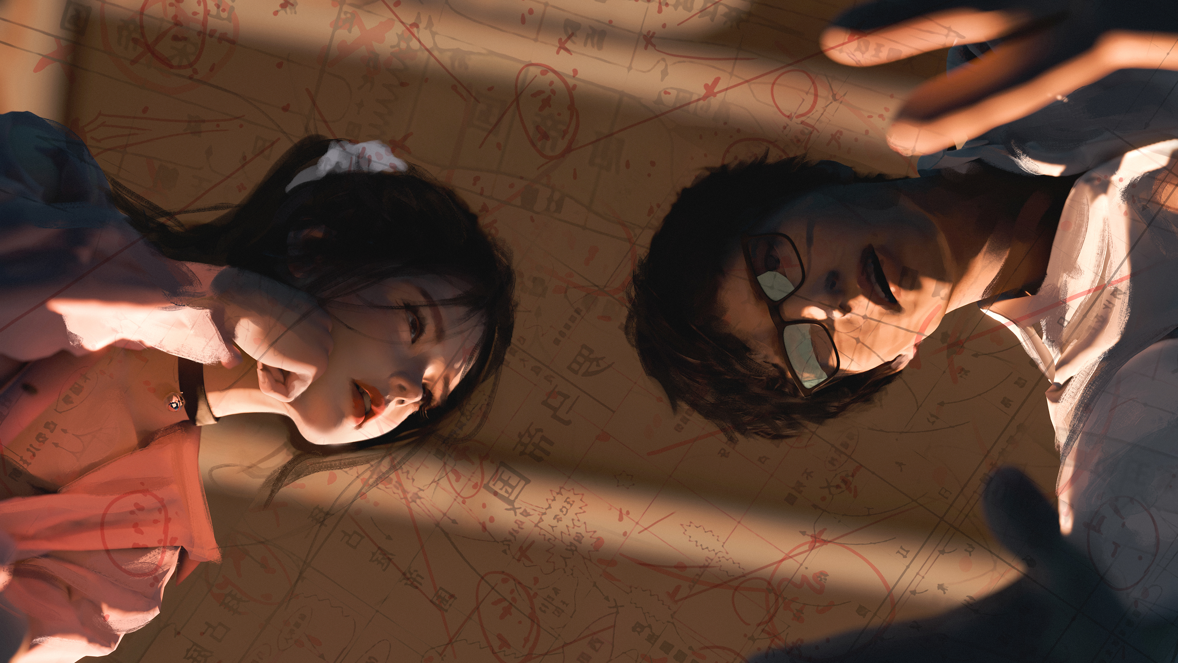 Man and woman looking down at a map HD Wallpaper