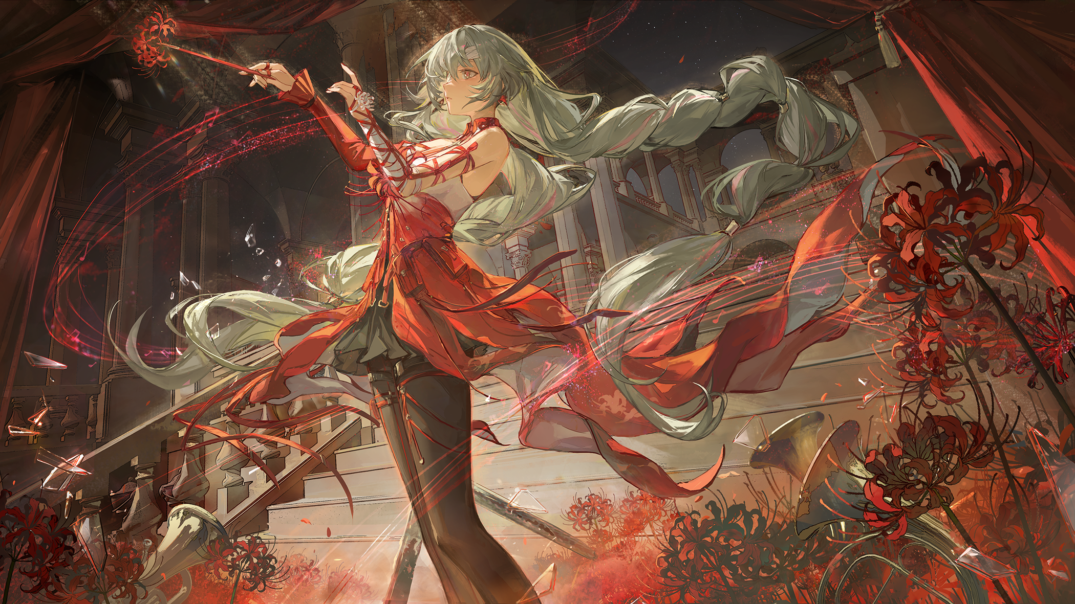 Phrolova (Wuthering Waves) with Red Flowers and Musical Notes HD Wallpaper
