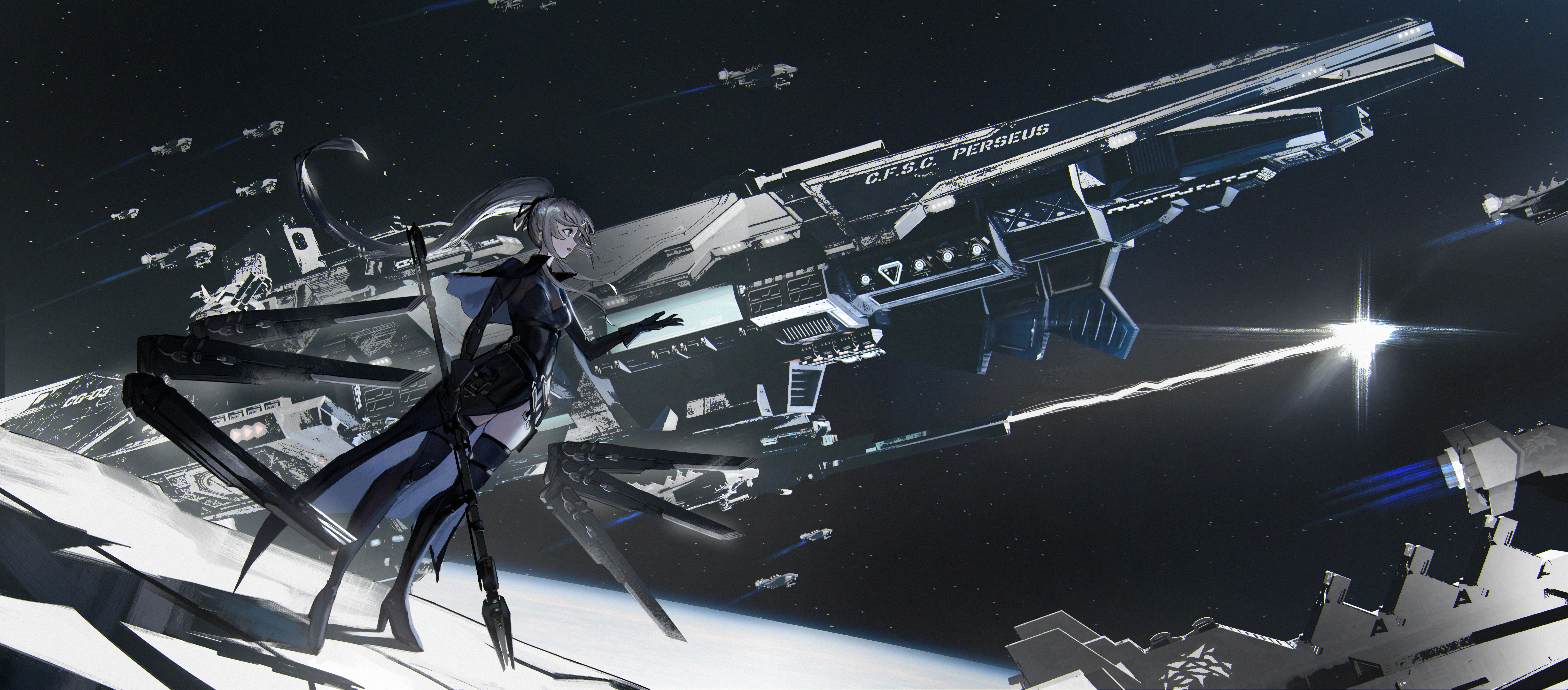 Anime girl with white hair in space with a spaceship HD Wallpaper