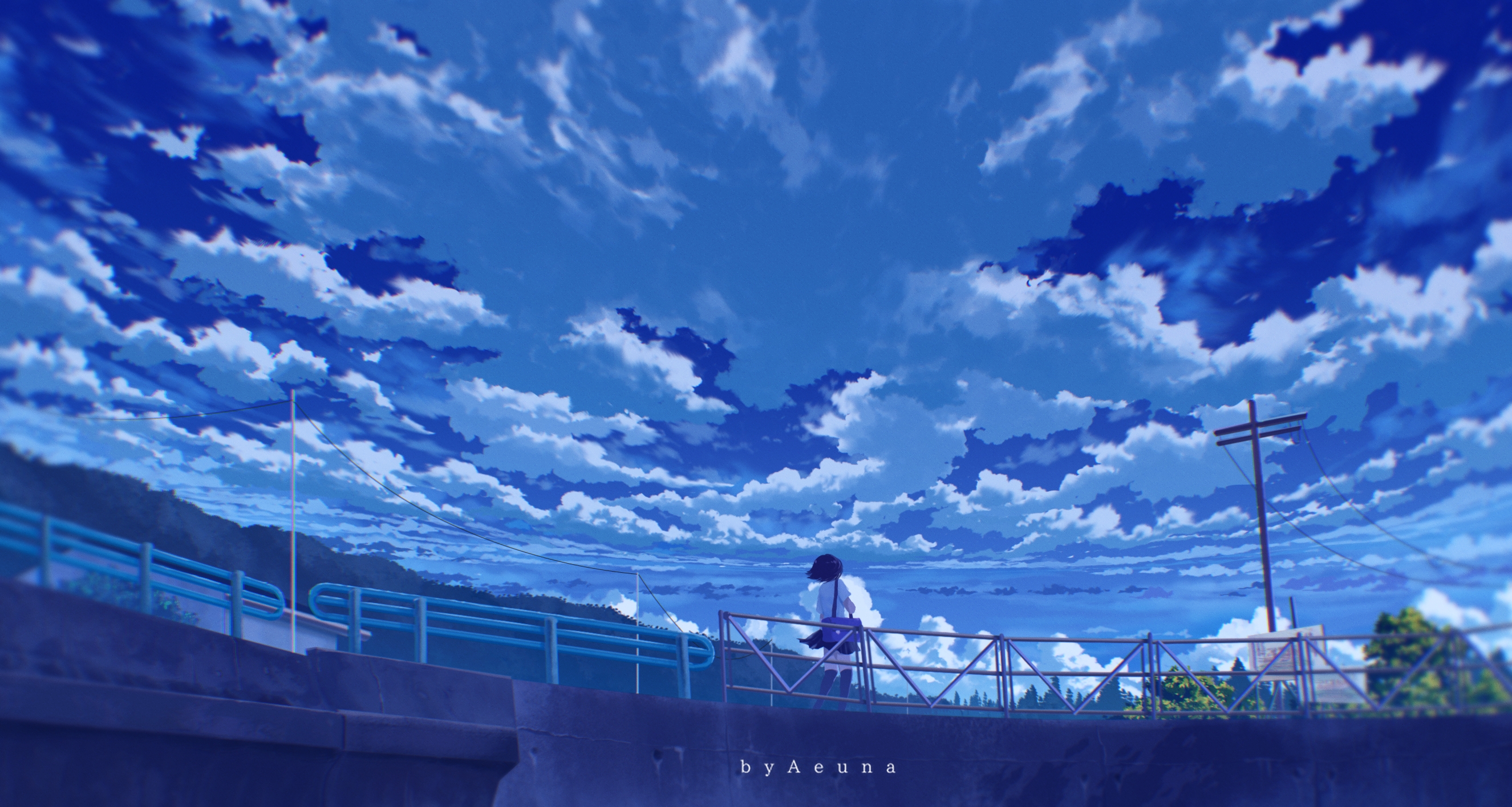 Anime girl sitting on a railing under a cloudy sky HD Wallpaper