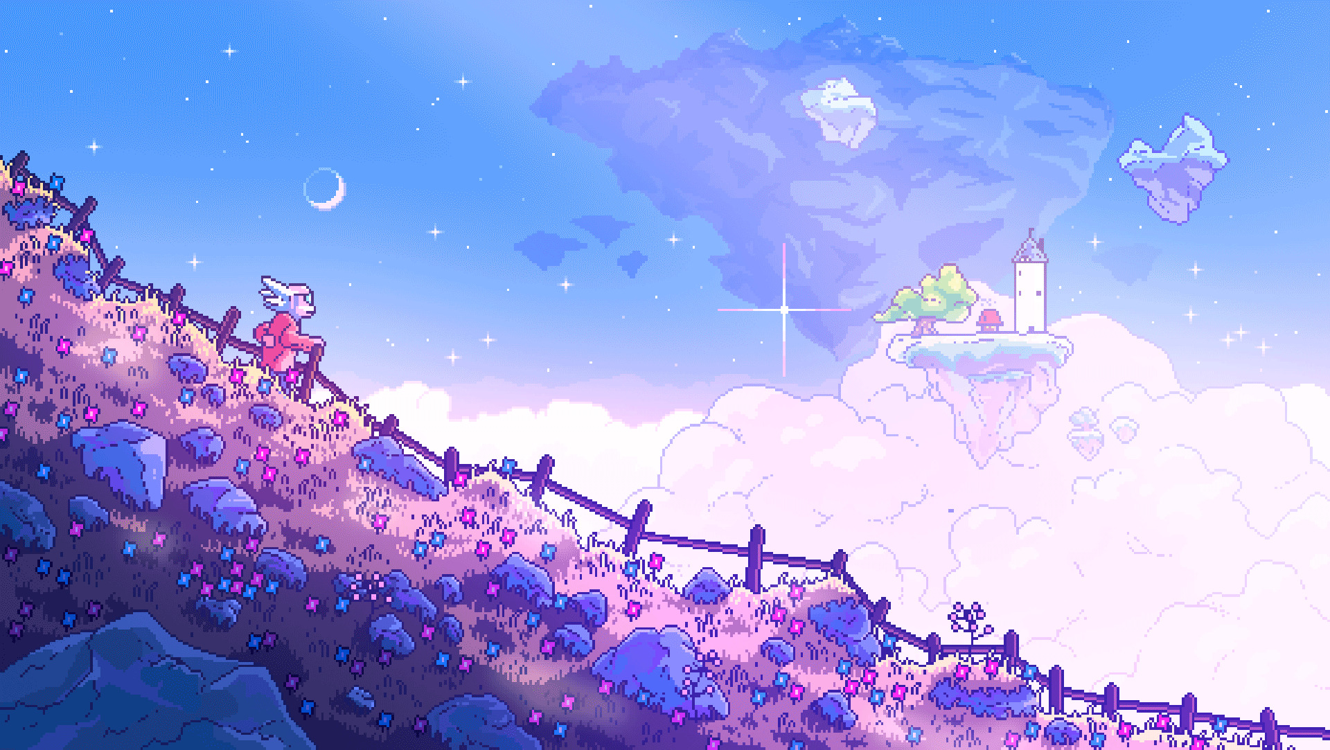 Pixel art of a person on a hill with floating islands HD Wallpaper
