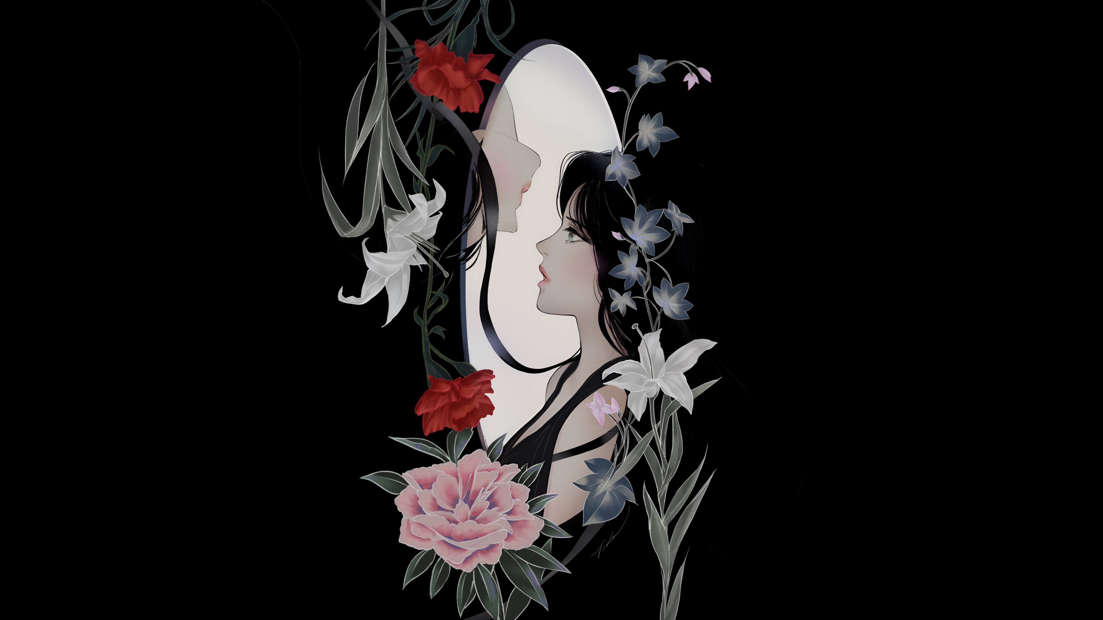 Woman reflected in a mirror surrounded by flowers HD Wallpaper