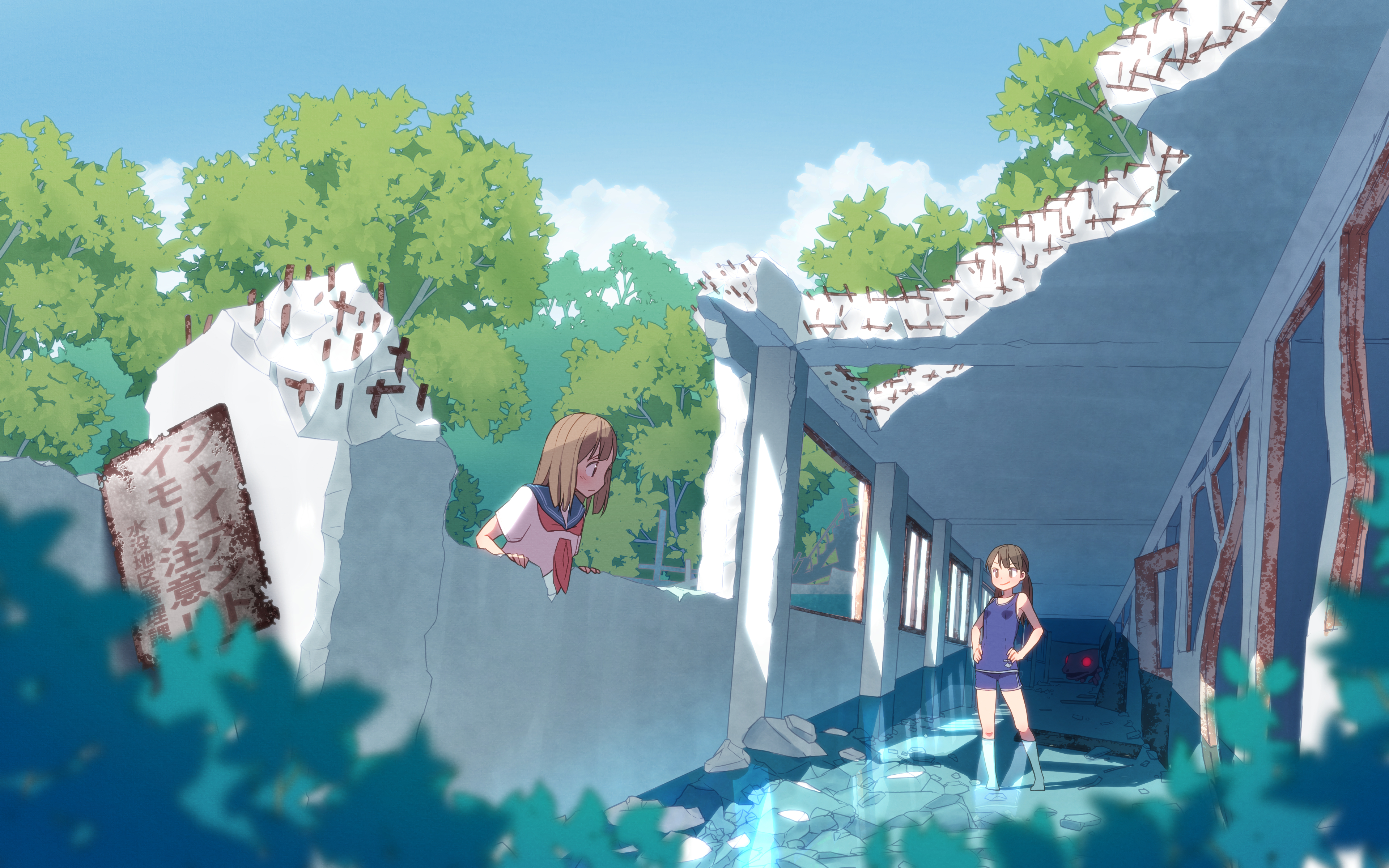 Anime girls in a destroyed building with nature reclaiming it HD Wallpaper