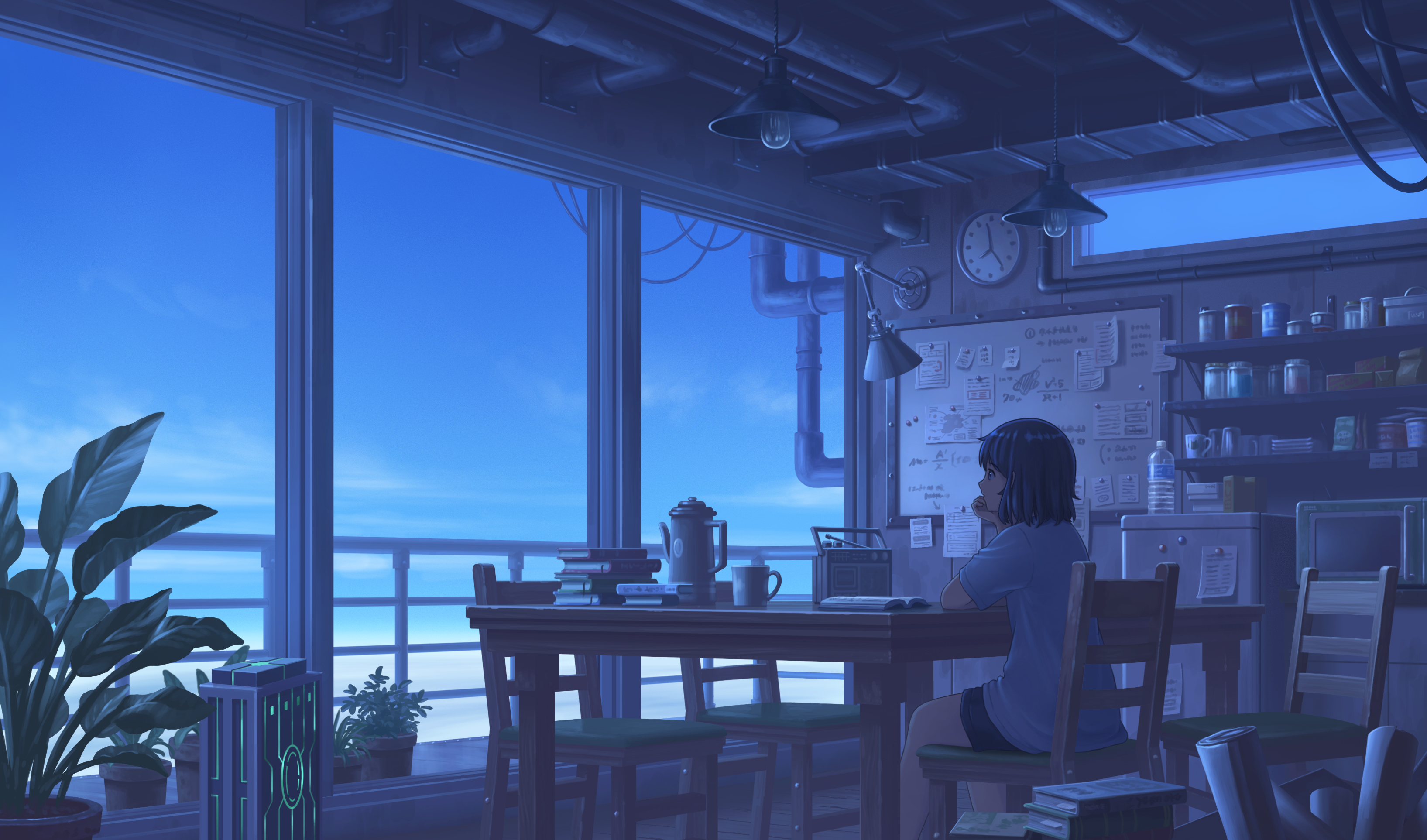 Anime girl sitting at a table by the window HD Wallpaper