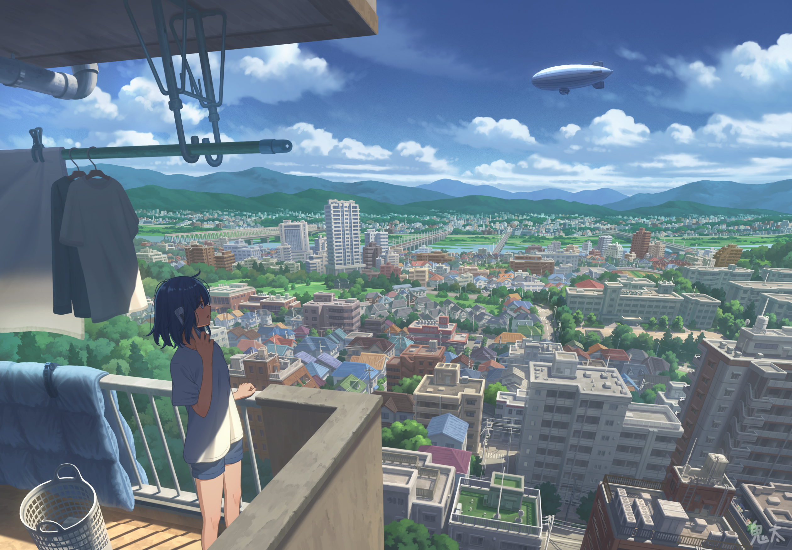 Anime girl on balcony overlooking city with Zeppelin HD Wallpaper