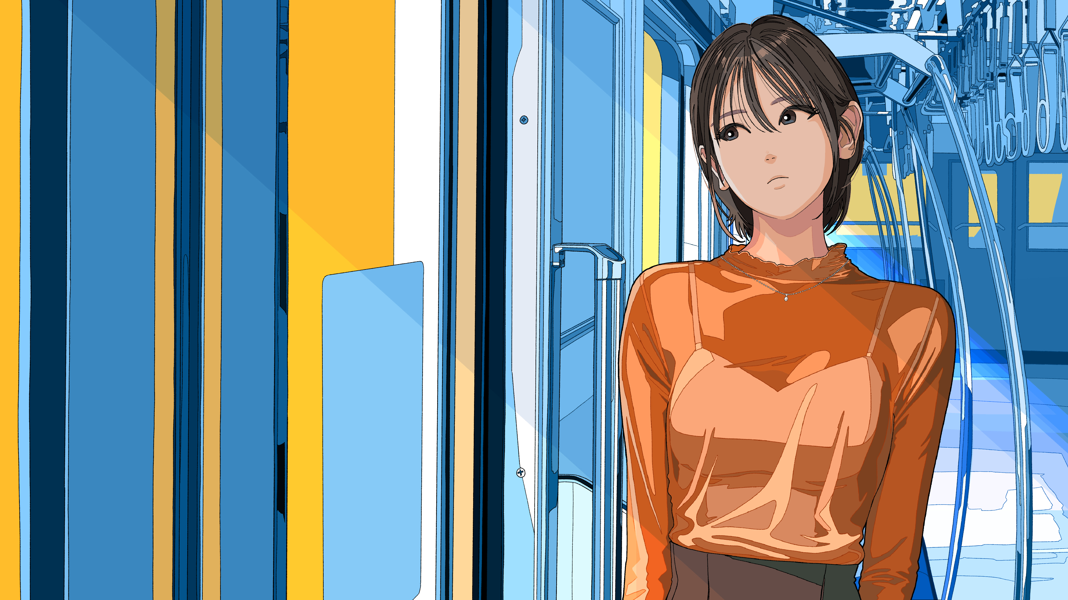 Anime girl in orange top on a train HD Wallpaper