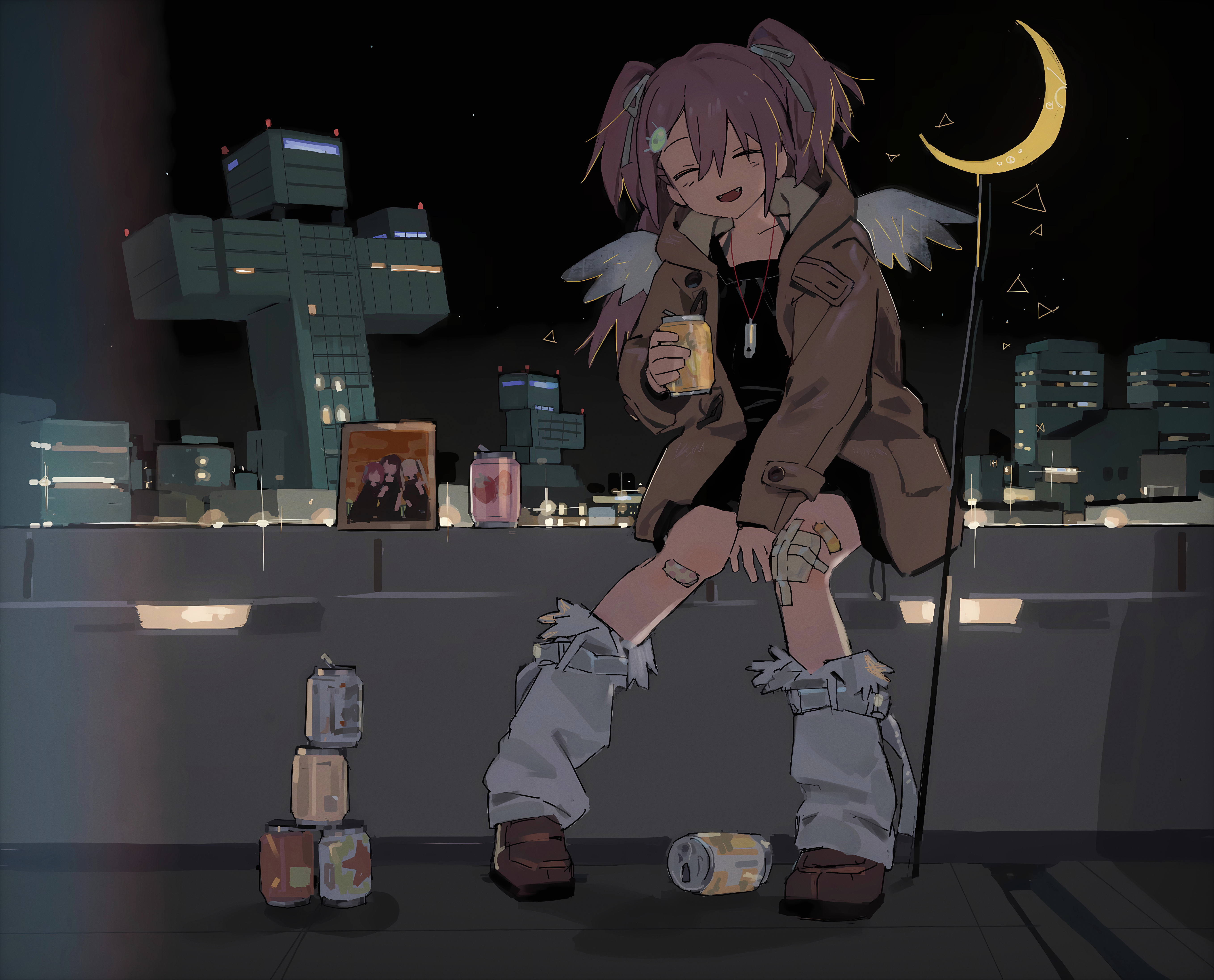 Anime girl with wings holding a drink on a rooftop HD Wallpaper