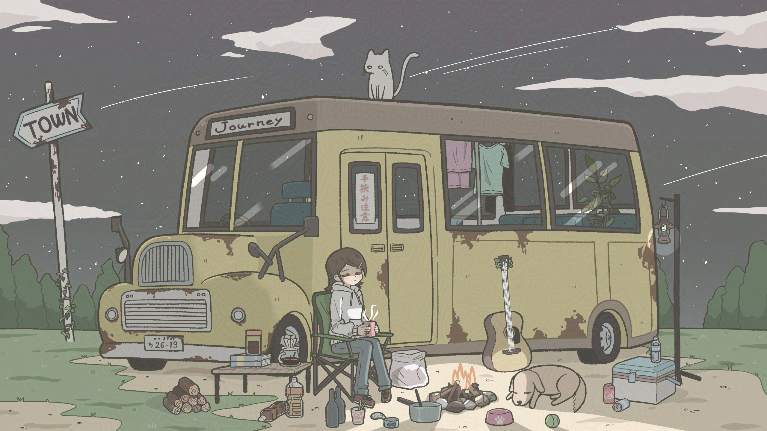 Anime girl camping with guitar, cat, and dog by RV HD Wallpaper