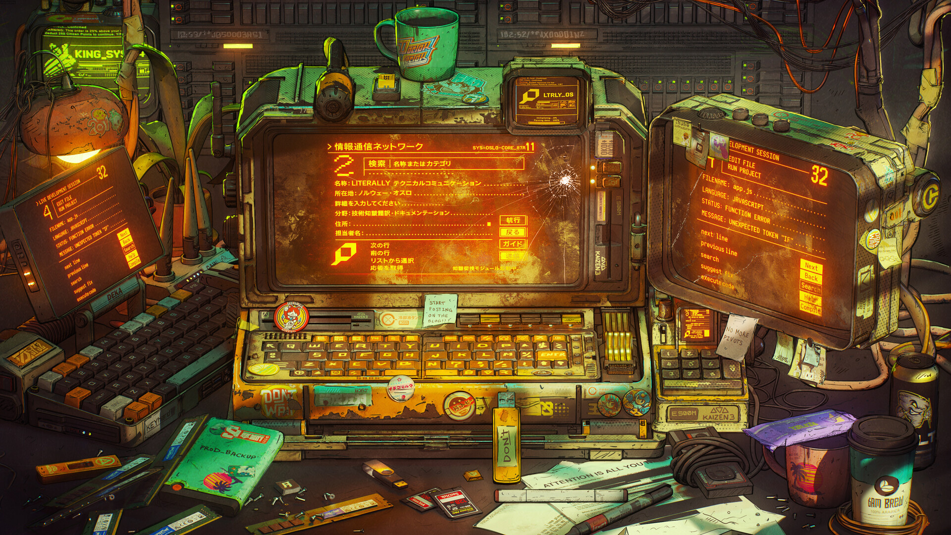 Cyberpunk computer setup with multiple displays HD Wallpaper