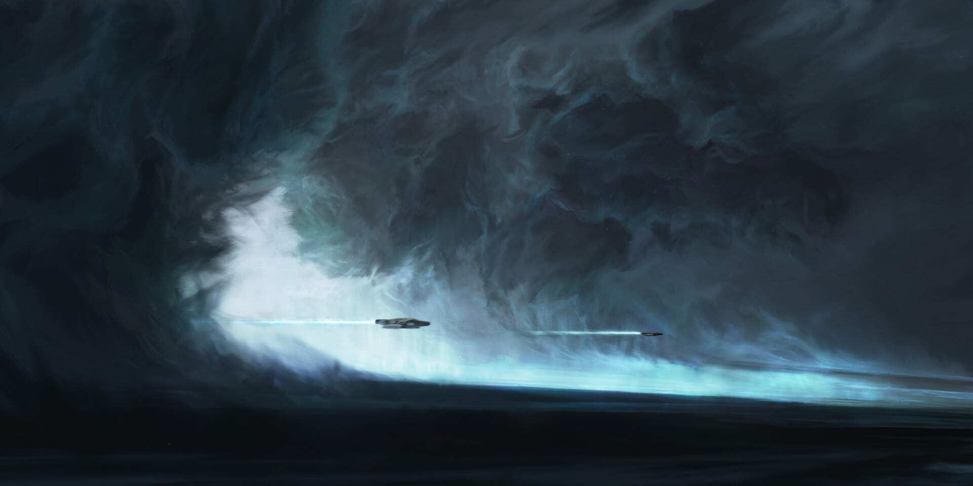 Spaceships flying through a dark nebula HD Wallpaper