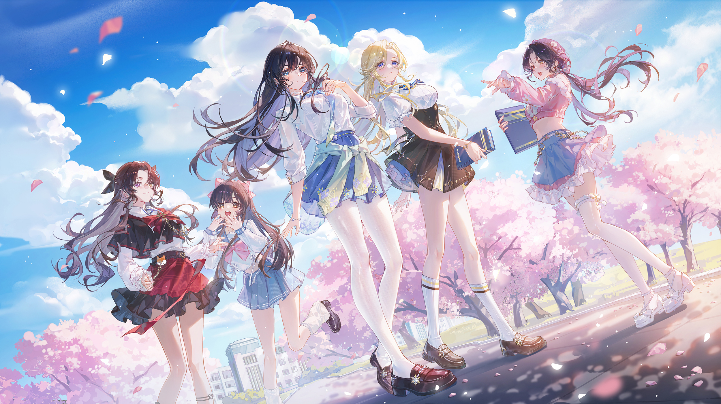 Anime girls with books under cherry blossoms HD Wallpaper