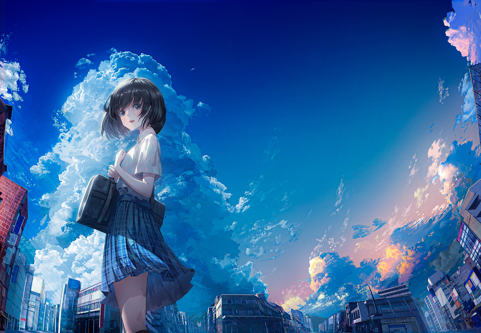 Anime girl in school uniform looking back HD Wallpaper