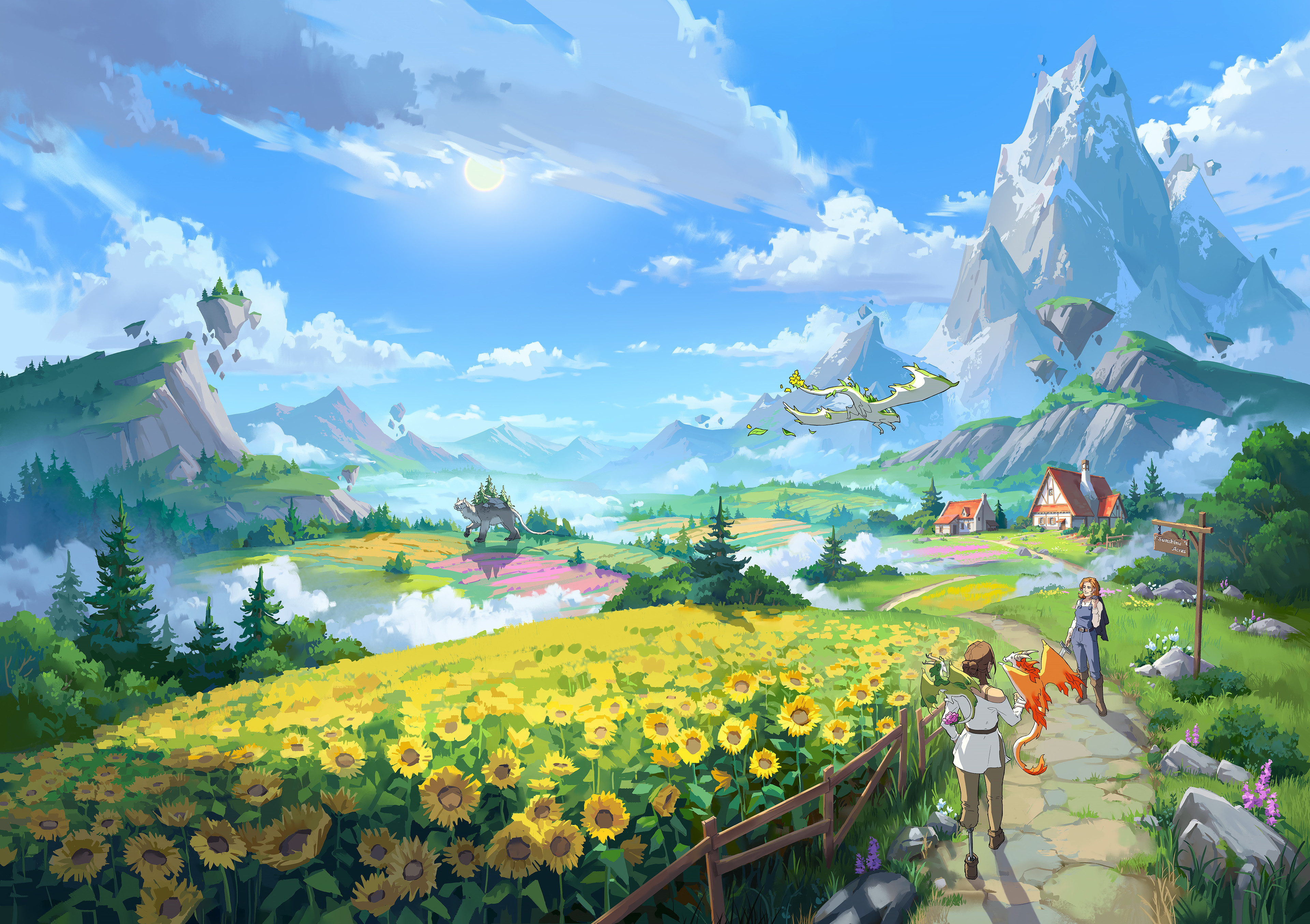 Creature and girl in a sunflower field with mountains HD Wallpaper