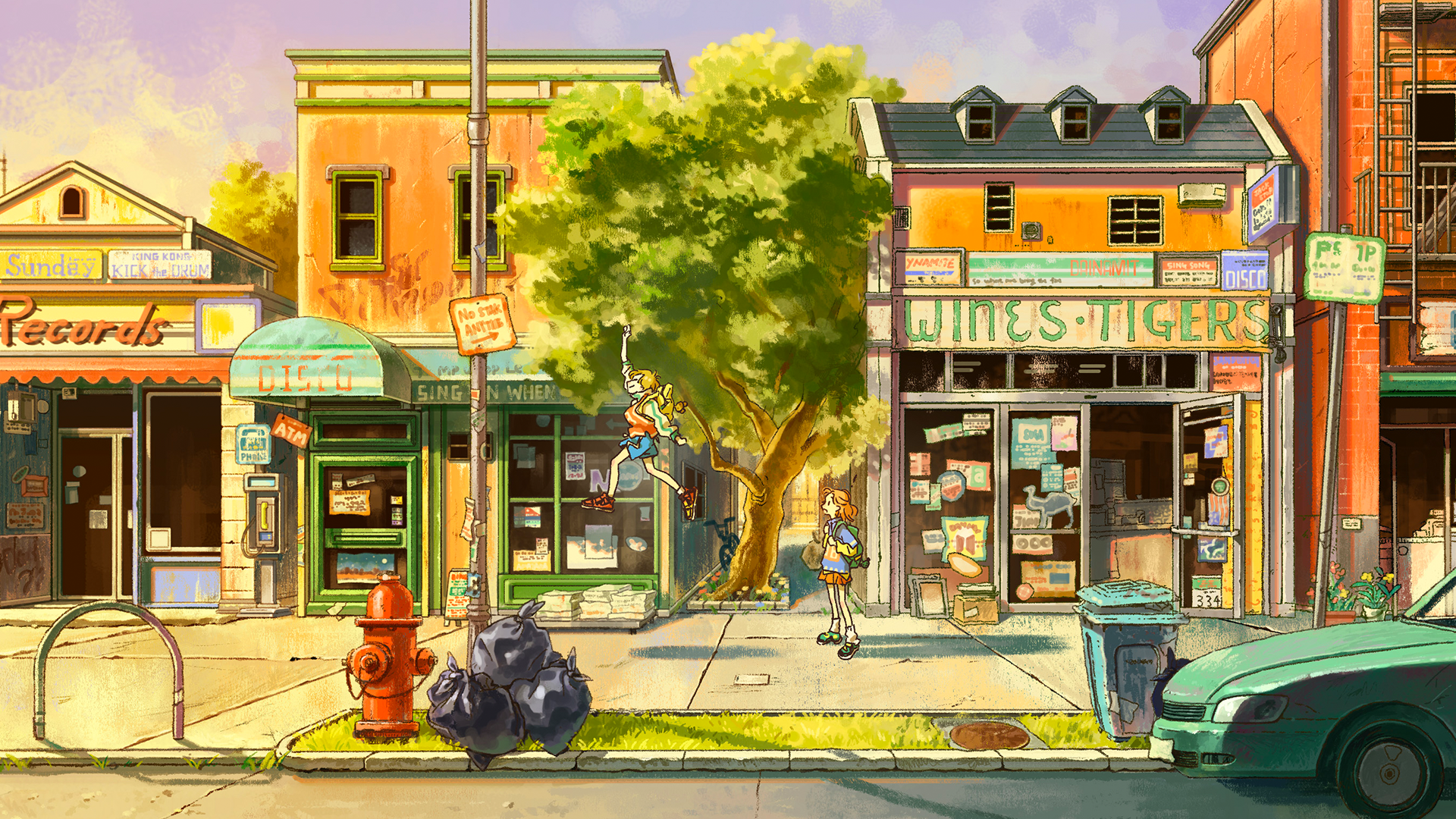 Car on a street with stores and trees HD Wallpaper