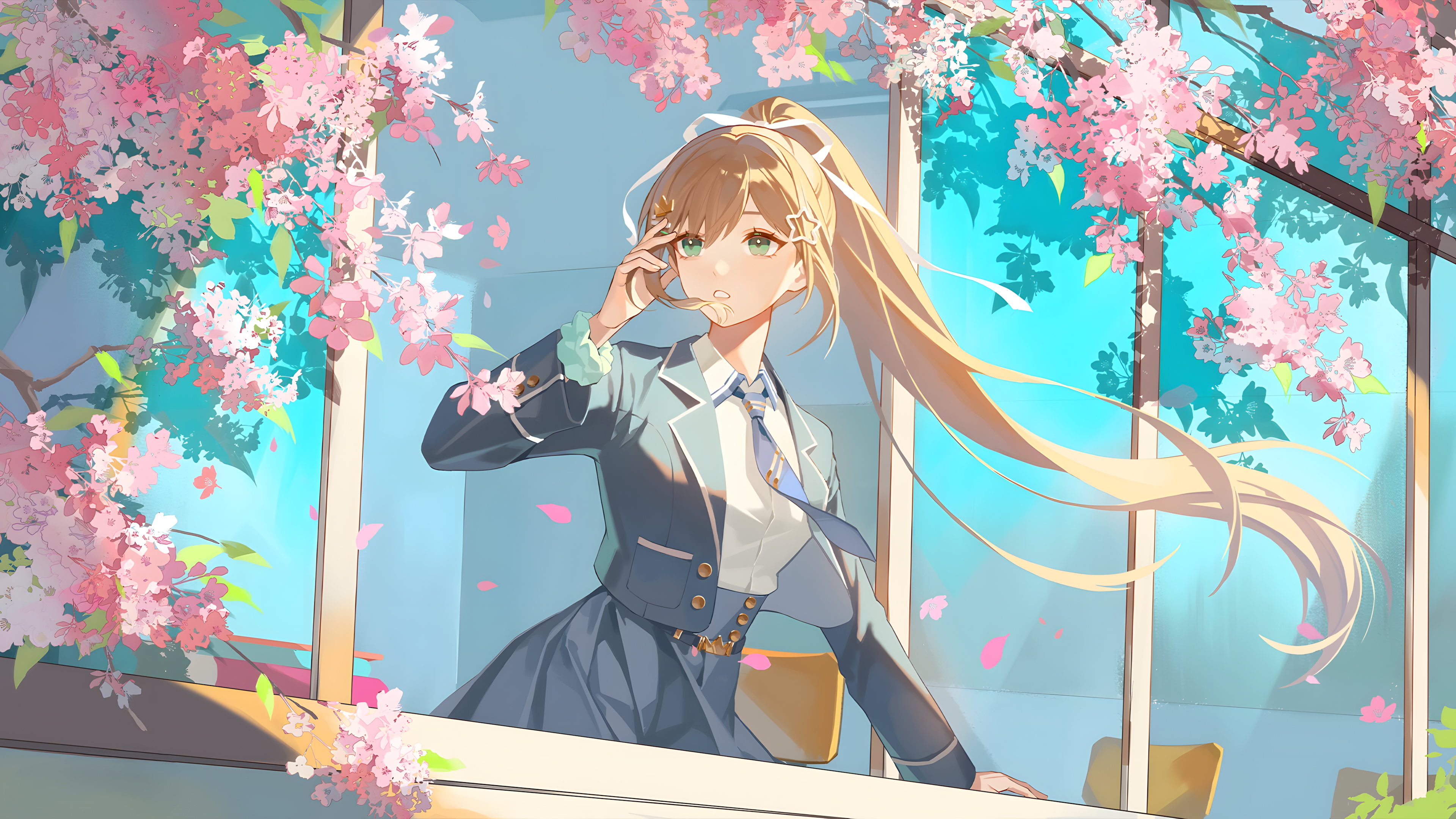 Anime girl with blonde ponytail in school uniform among cherry blossoms HD Wallpaper