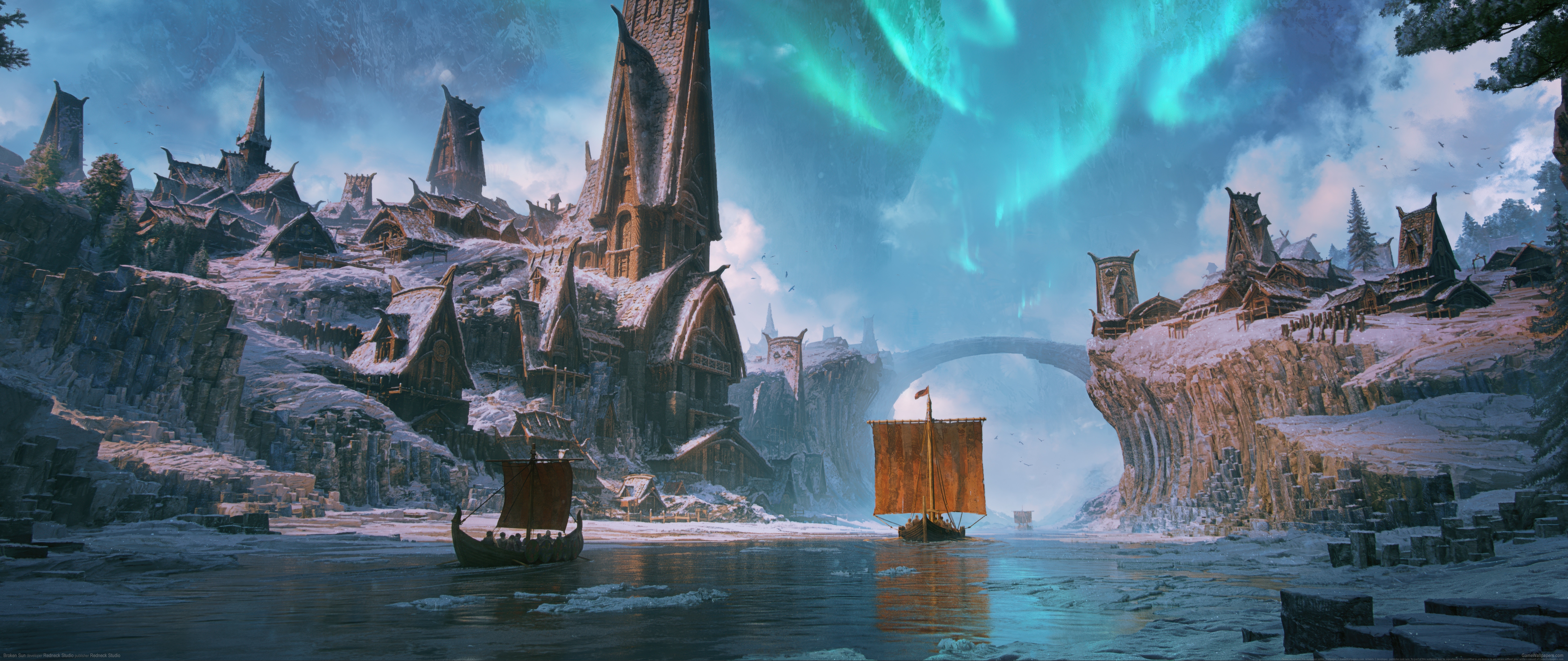 Broken Sun Viking Village with Ships and Aurora HD Wallpaper