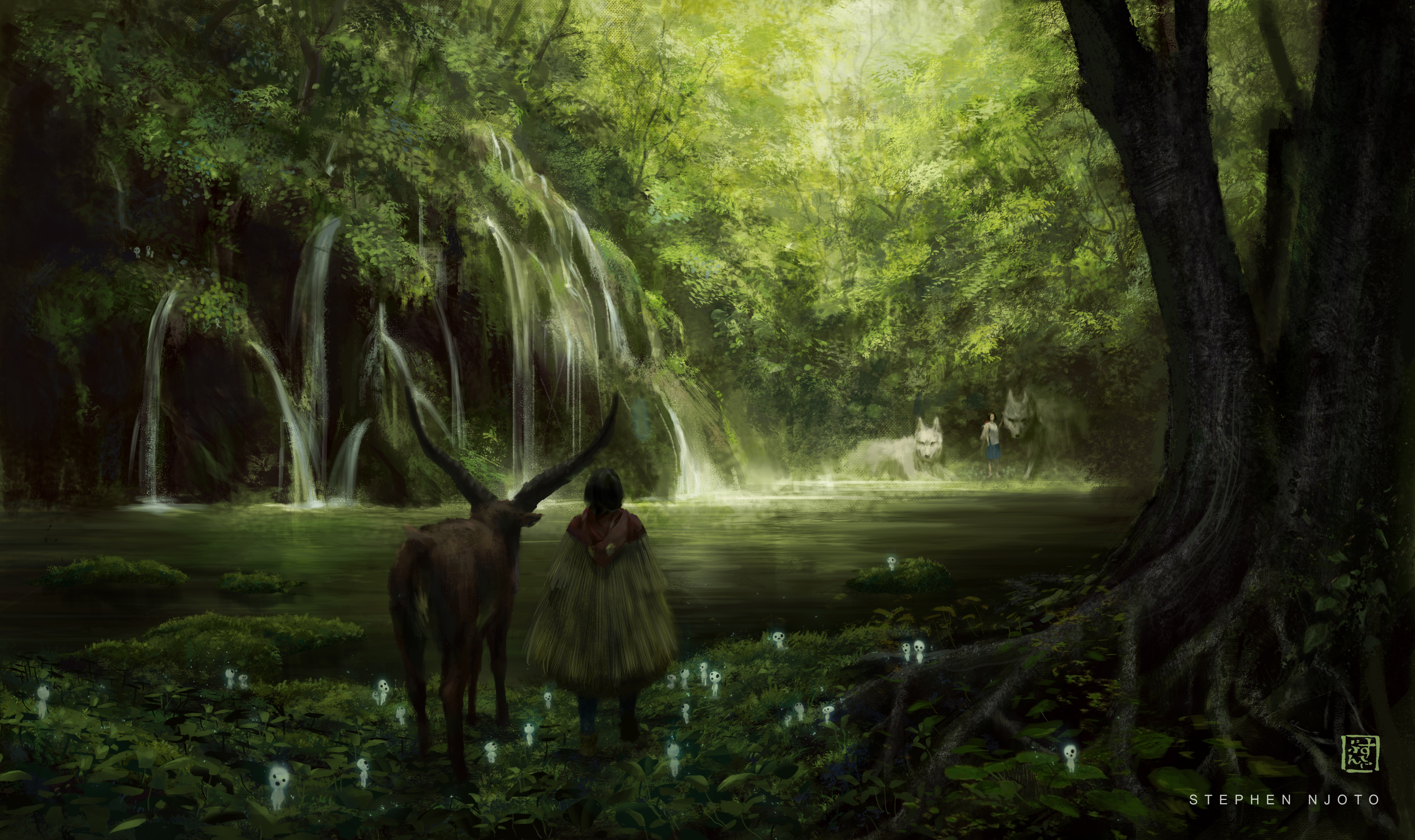 Ashitaka and San with Kodama in a forest waterfall HD Wallpaper