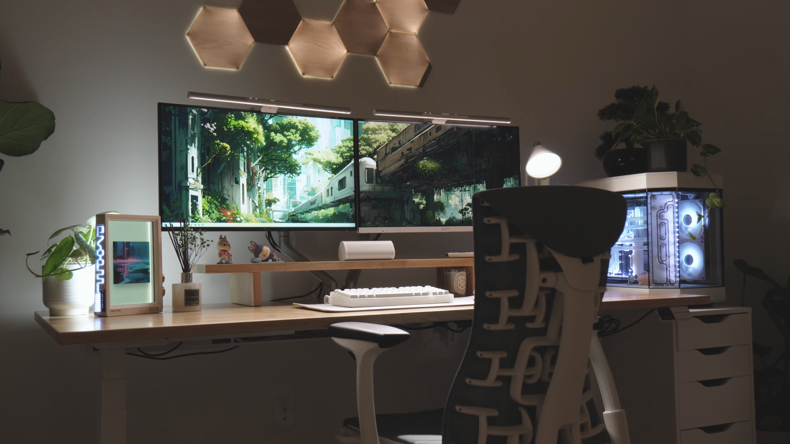 Desk setup with dual computer screens and PC HD Wallpaper