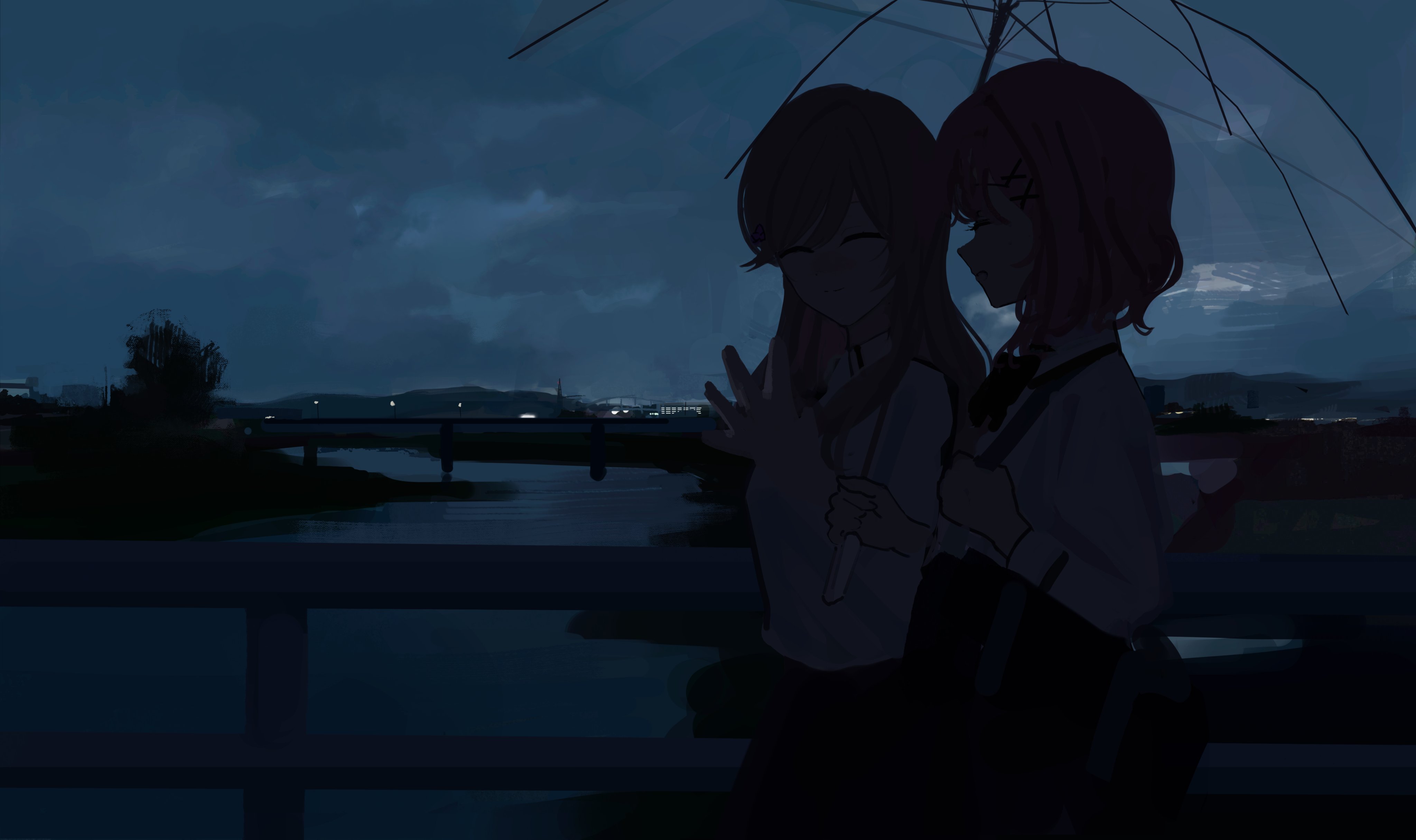 Anime girls under an umbrella on a bridge at night HD Wallpaper