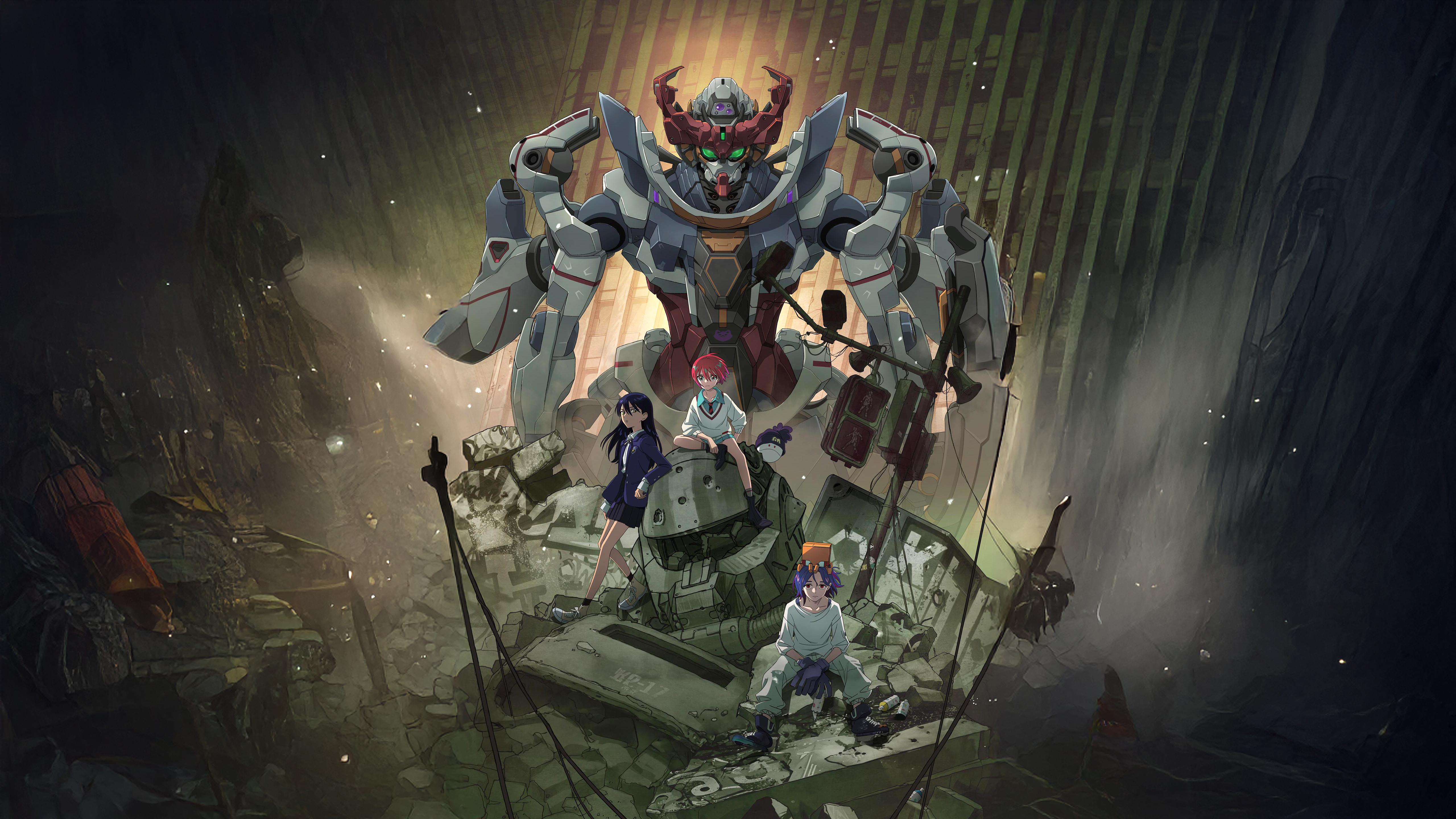 Mobile Suit Gundam GQuuuuuuX with characters and debris HD Wallpaper