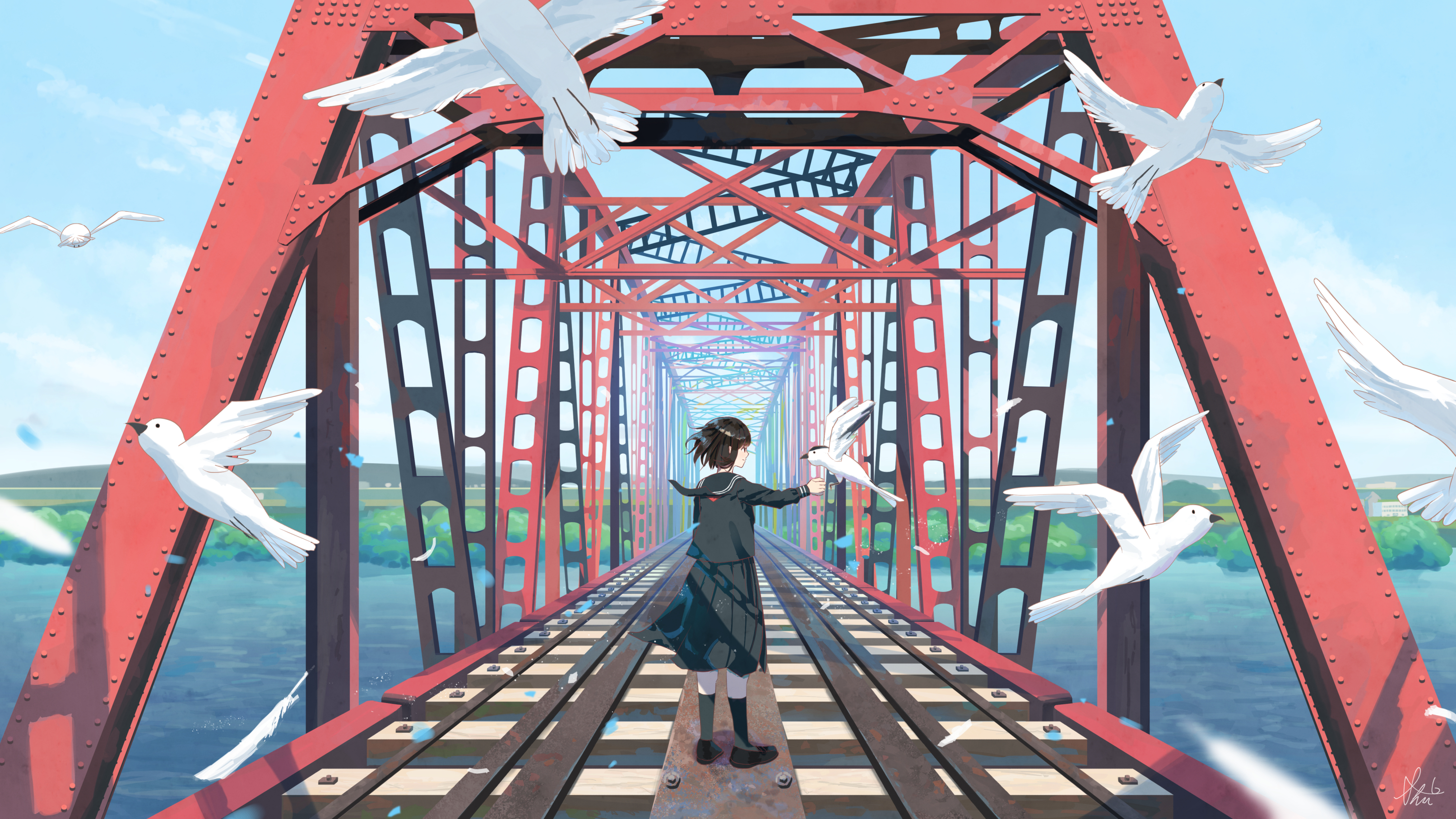 Anime girl on a truss bridge with birds HD Wallpaper