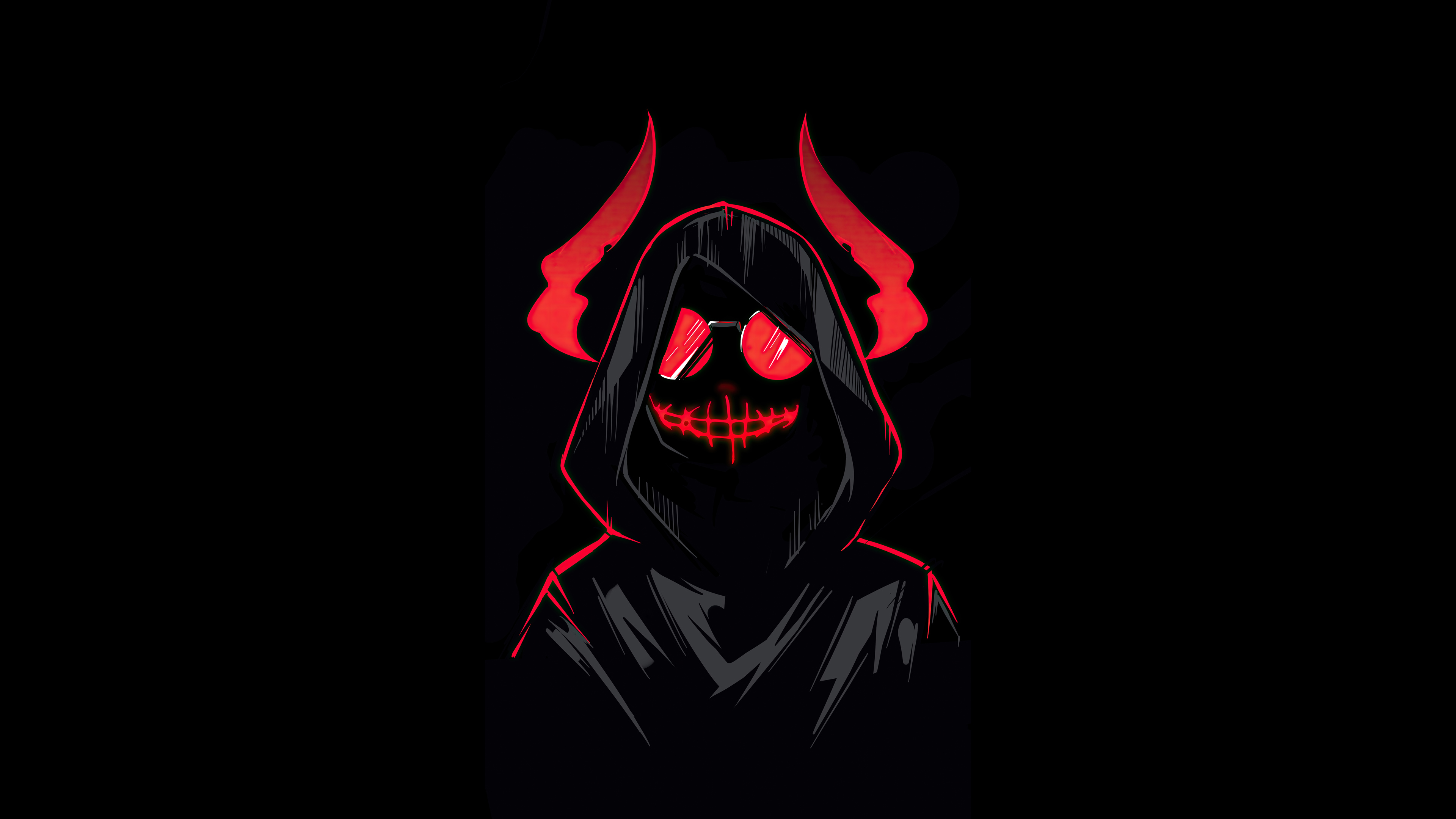 Hooded figure with devil horns and red glasses HD Wallpaper
